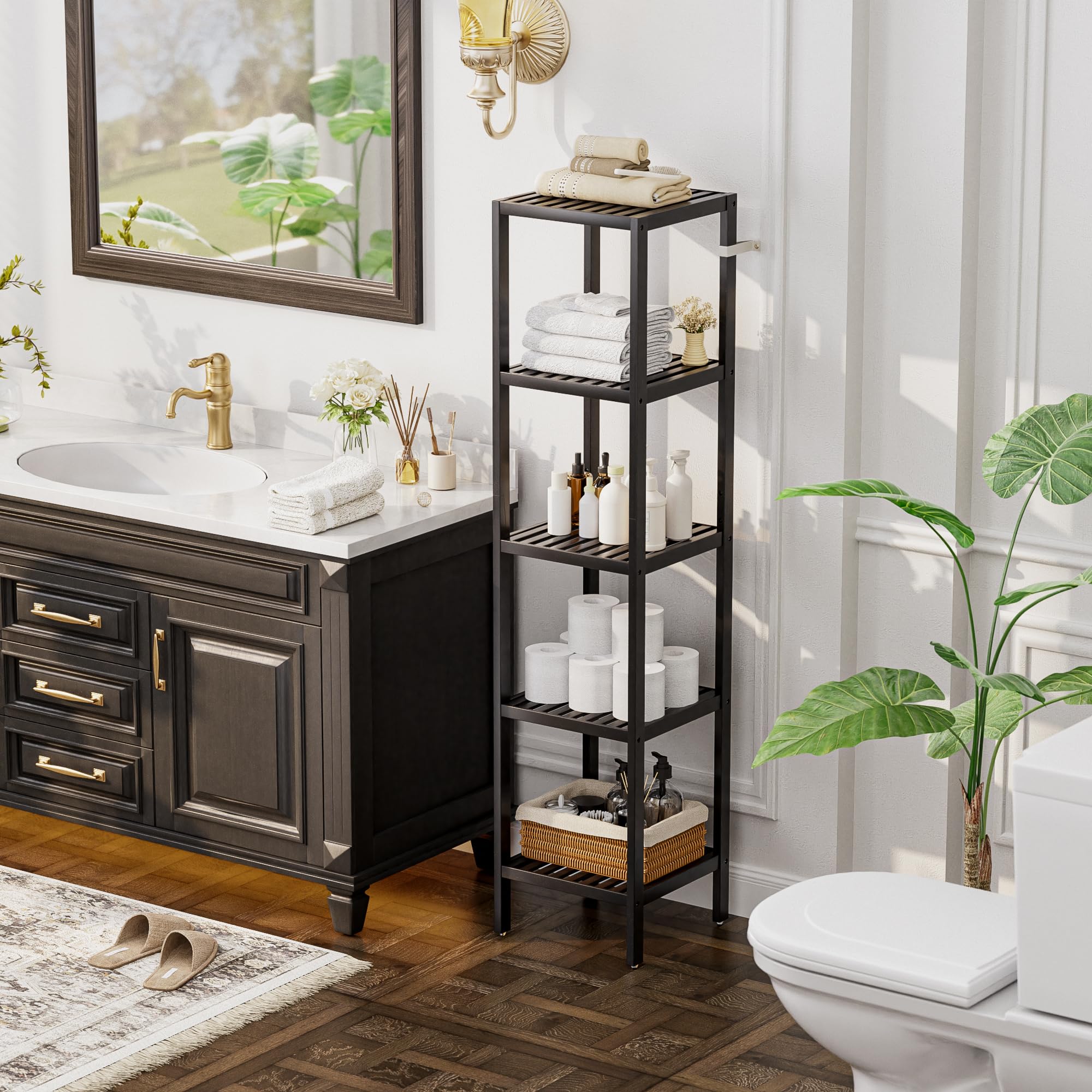 SMIBUY 5-Tier Bamboo Bathroom Storage Shelf – Space-Saving Corner Rack, Black