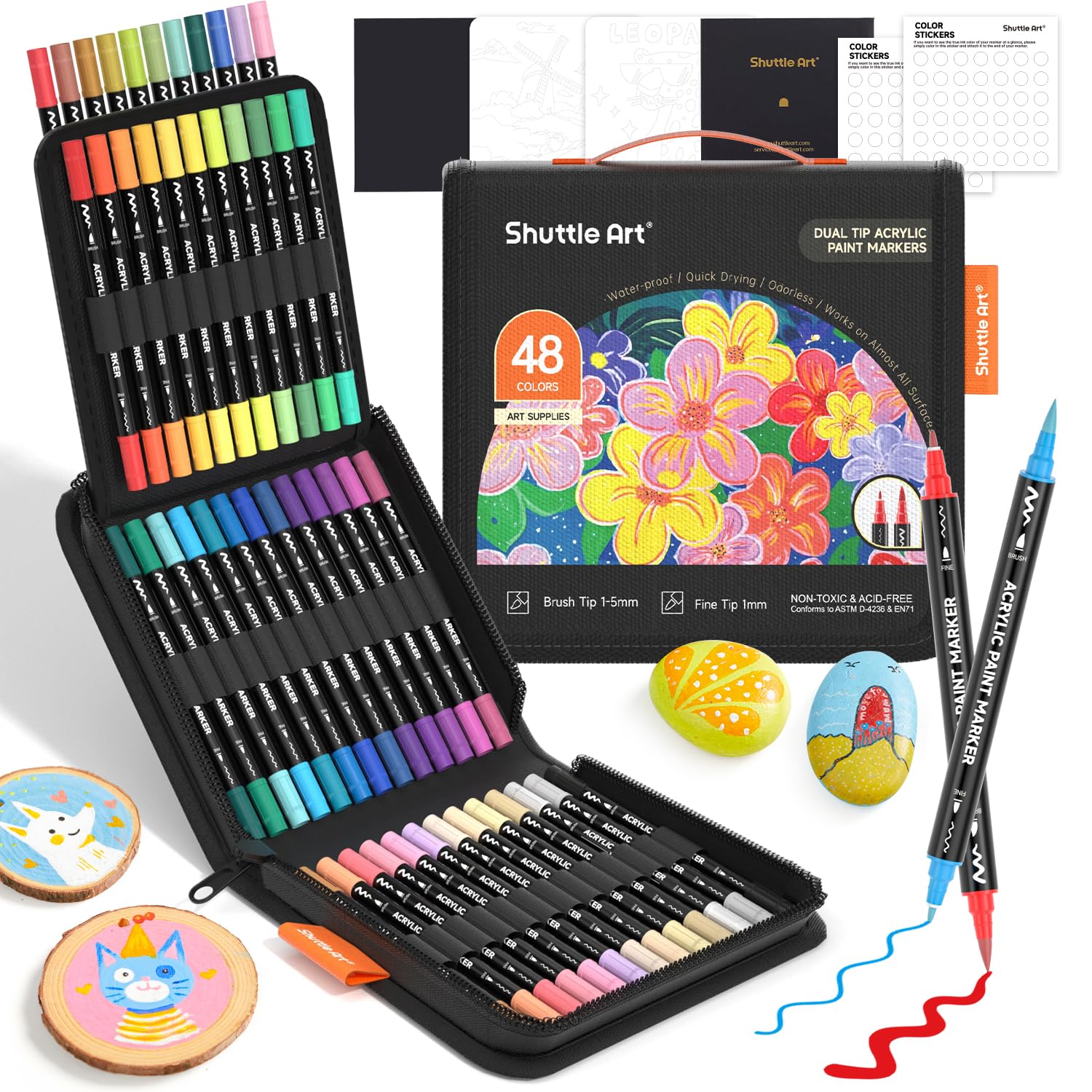 Shuttle Art Dual Tip Acrylic Paint Pens | 48 Colors Fine & Brush Markers