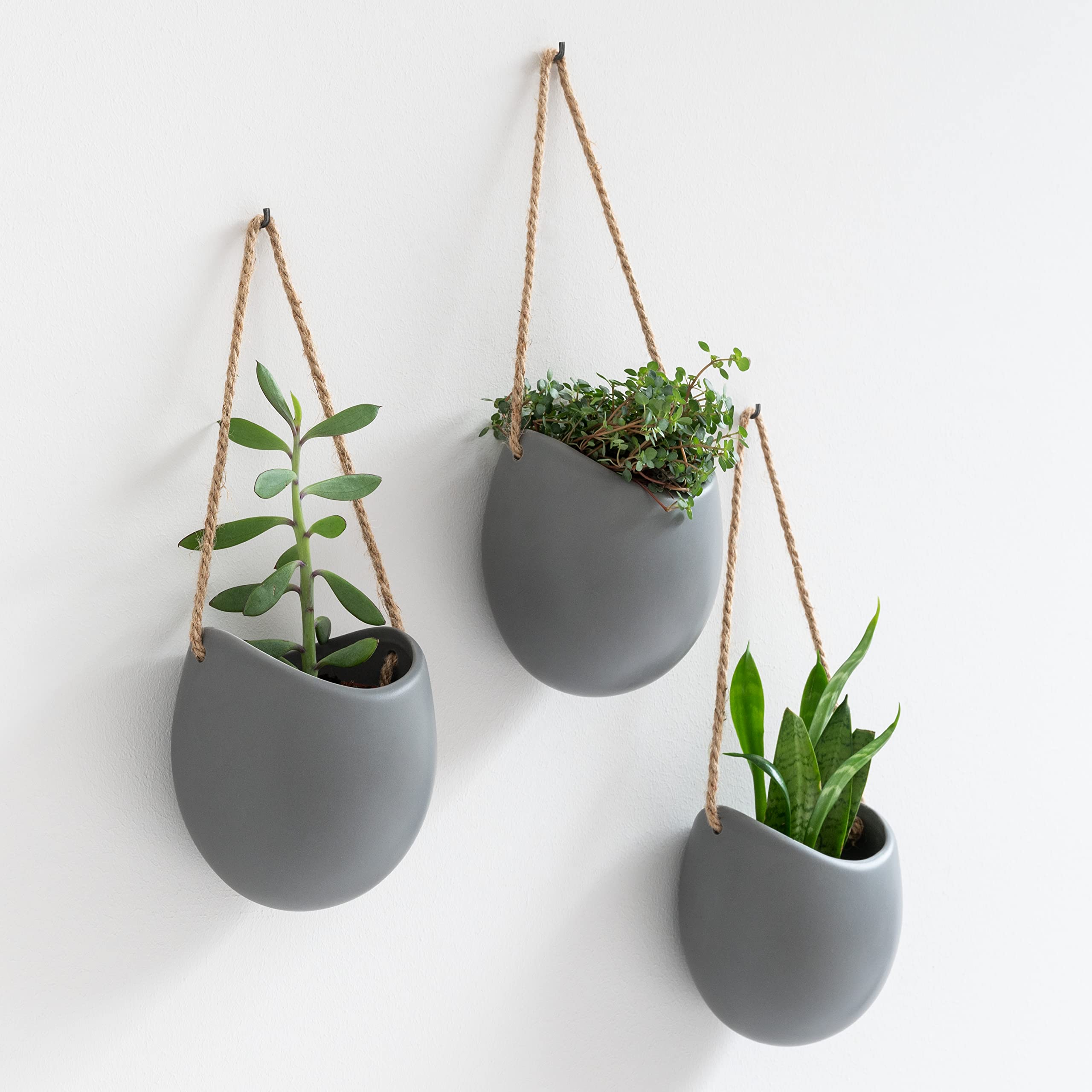 Kazai Ellie Hanging Ceramic Wall Planters – 3-Piece Indoor Garden Set, Grey