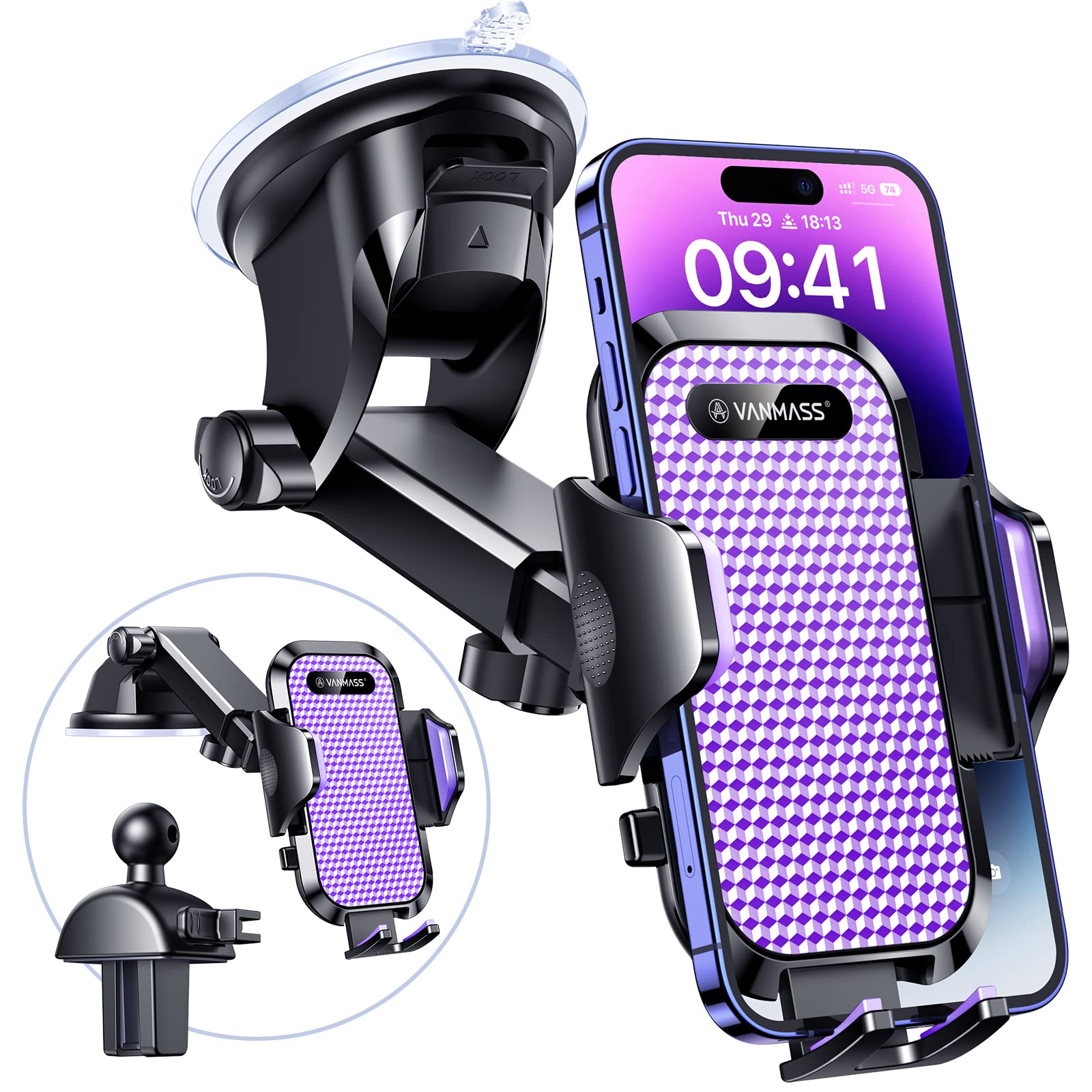 VANMASS Universal Car Phone Holder – Military-Grade Suction & Vent Mount