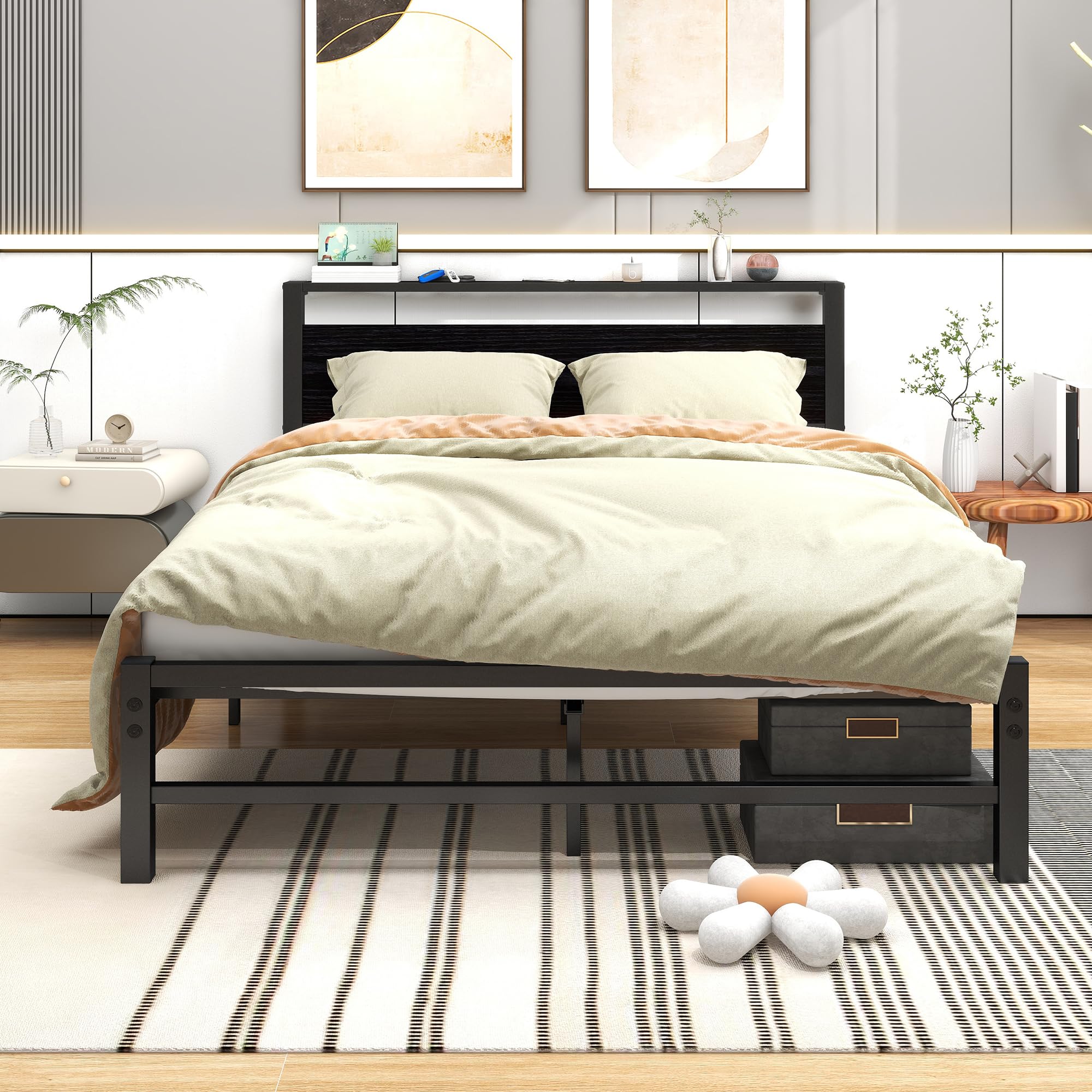 ARFARLY Metal Platform Bed Frame with Storage Headboard, 120x200cm