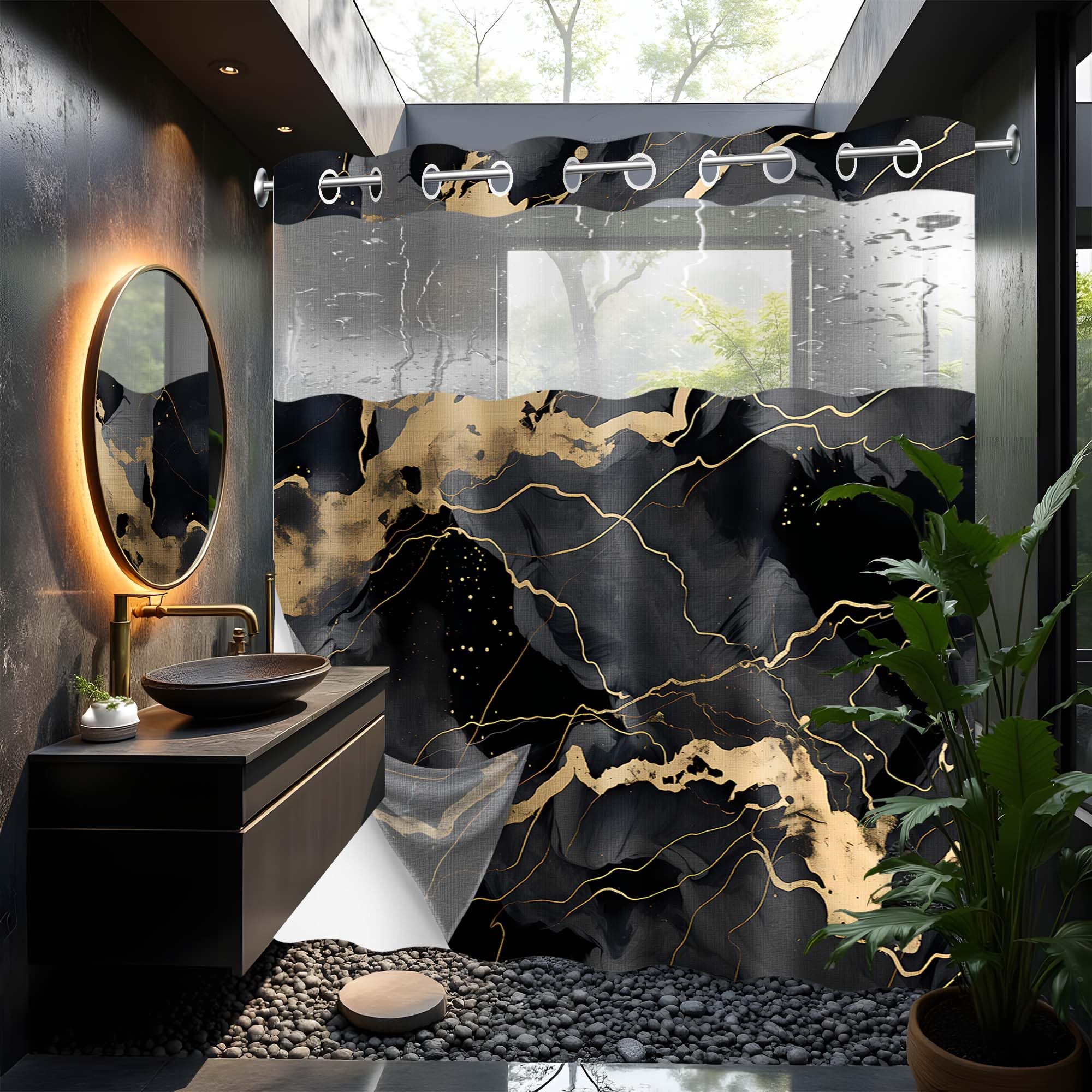 LanZanthic Black and Gold Hookless Shower Curtain with Snap-in Liner