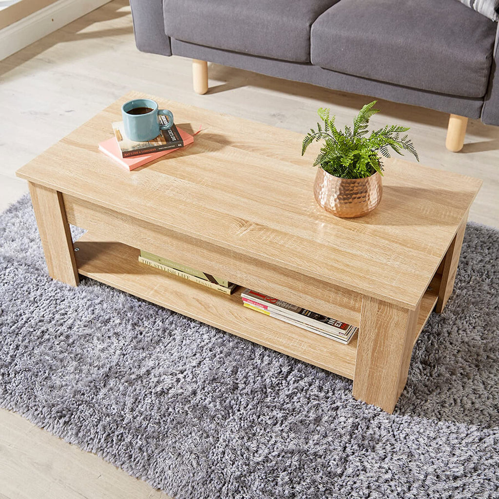 Home Source Lift Top Coffee Table with Storage & Shelf – Oak Effect