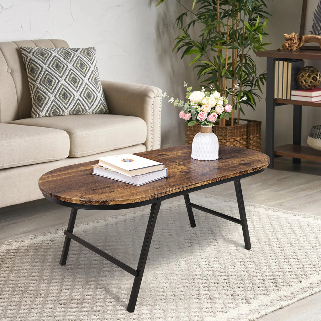 FEUFOAM Folding Coffee Table for Living Room Industrial Brown Small Low Table Wooden Foldable Coffee Tables Oval Floor Desk Tables for Small Spaces - image 2