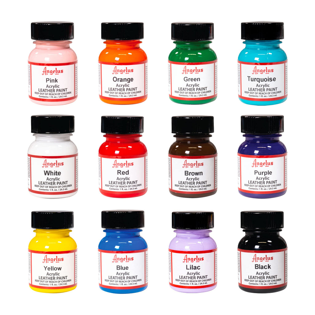 Angelus Acrylic Leather Paint Set - 12 Colors, 1 oz Jars for Shoes