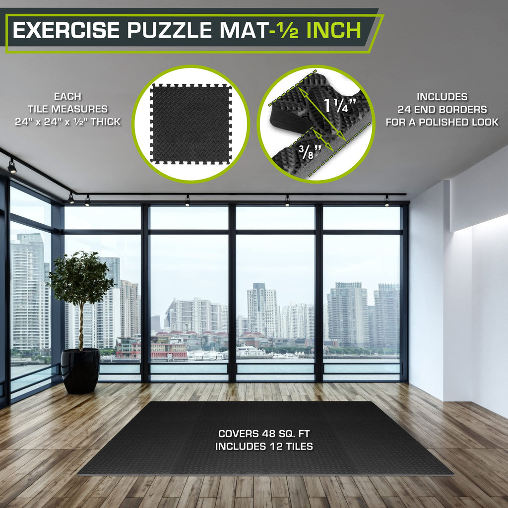 ProsourceFit Puzzle Exercise Mat - 1/2 Inch EVA Foam Floor Tiles, 48 Sq Ft