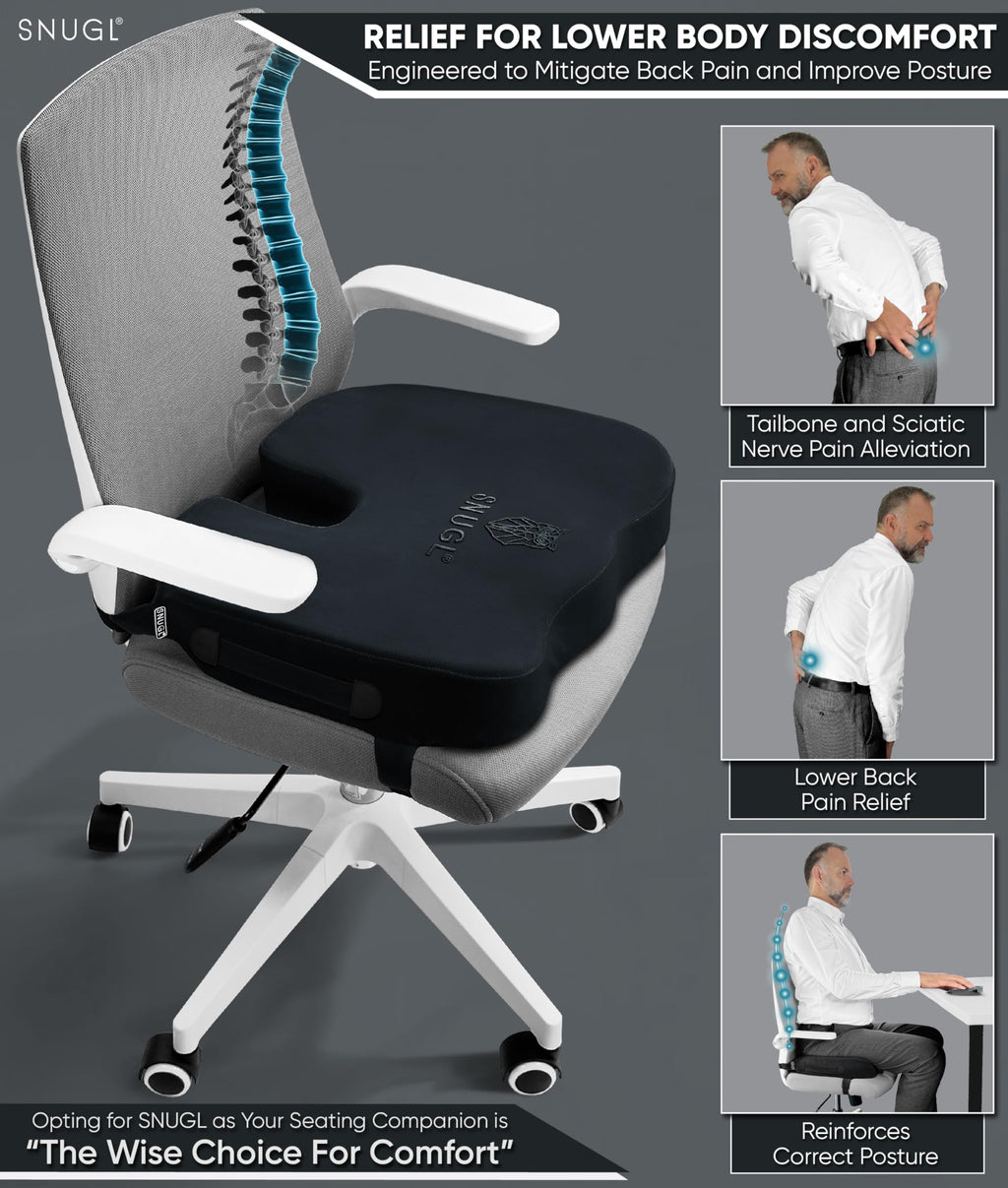 SNUGL Coccyx Cushion | Thick Memory Foam Orthopedic Seat for Pain Relief