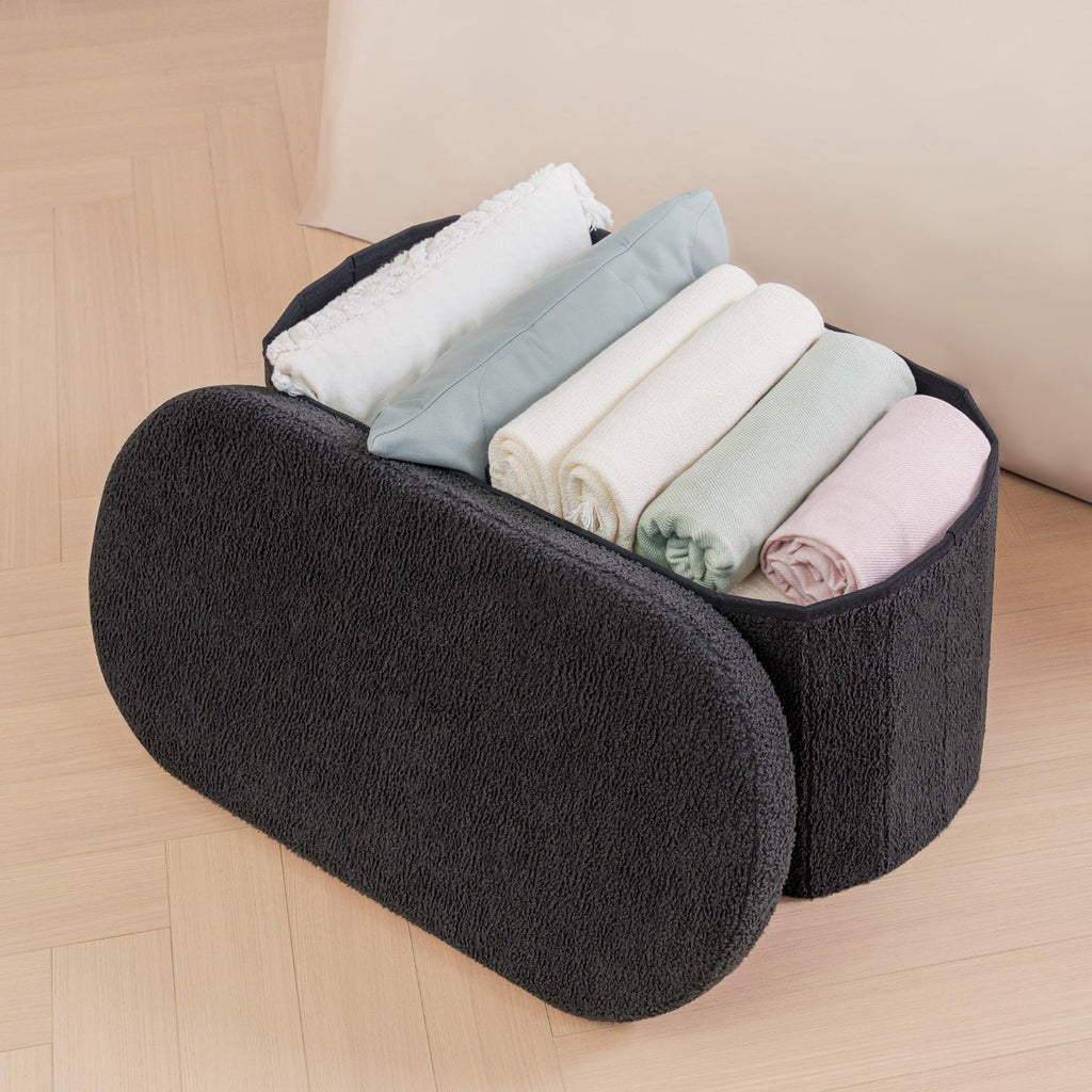 Bonlife Folding Boucle Storage Ottoman Bench | Oval Footstool - Dark Grey
