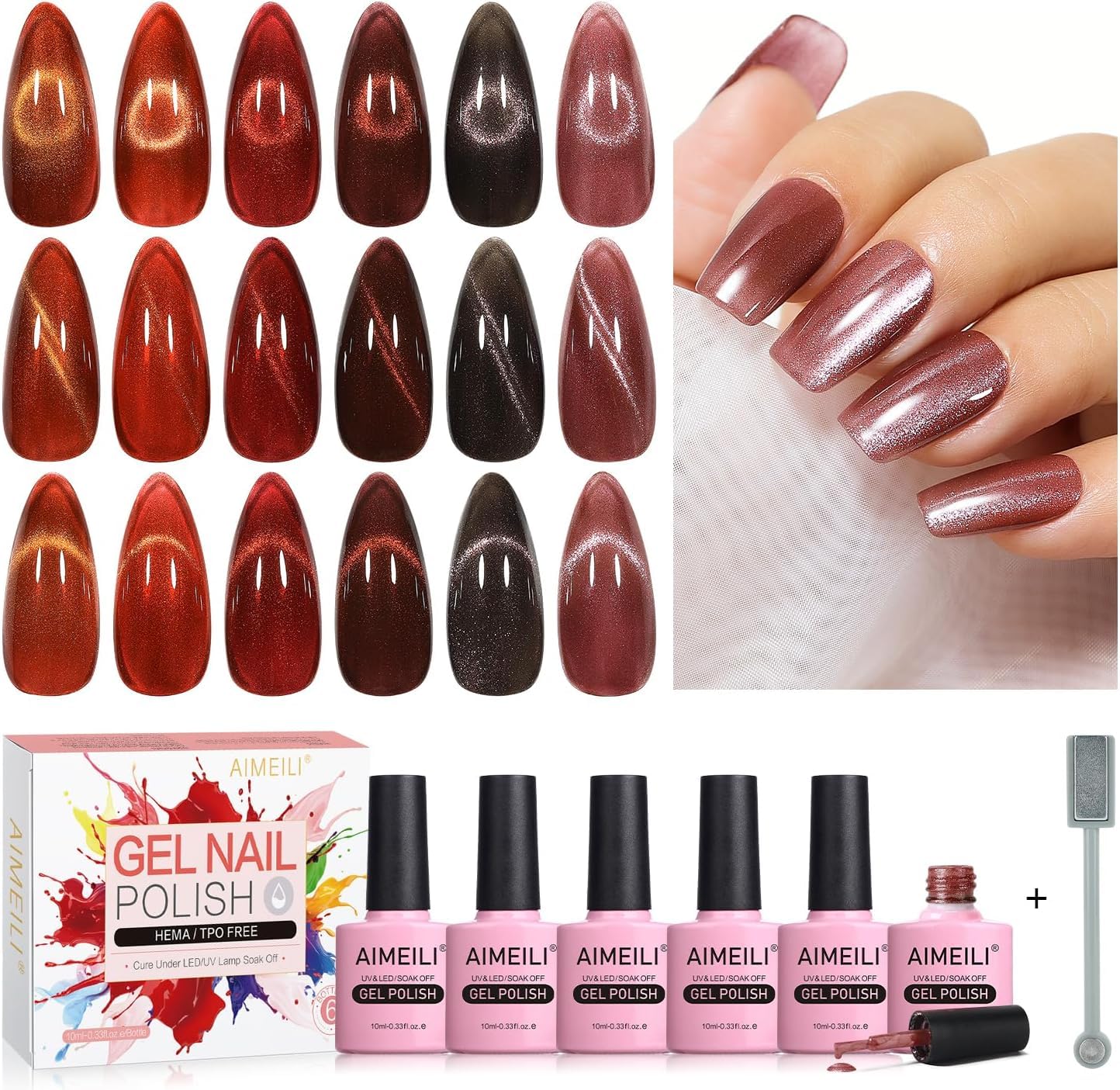 AIMEILI Magnetic Cat Eye Gel Nail Polish Set - 6pcs UV LED Manicure Kit