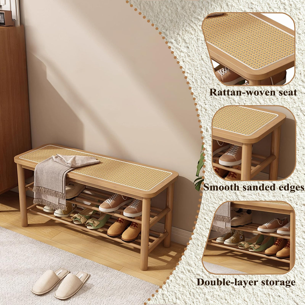 SOBIBO Bamboo Shoe Rack Bench with Rattan Seat, 3-Tier Shoe Storage Bench, Entryway Bench for Hallway，Nature-31.5 inches - image 3