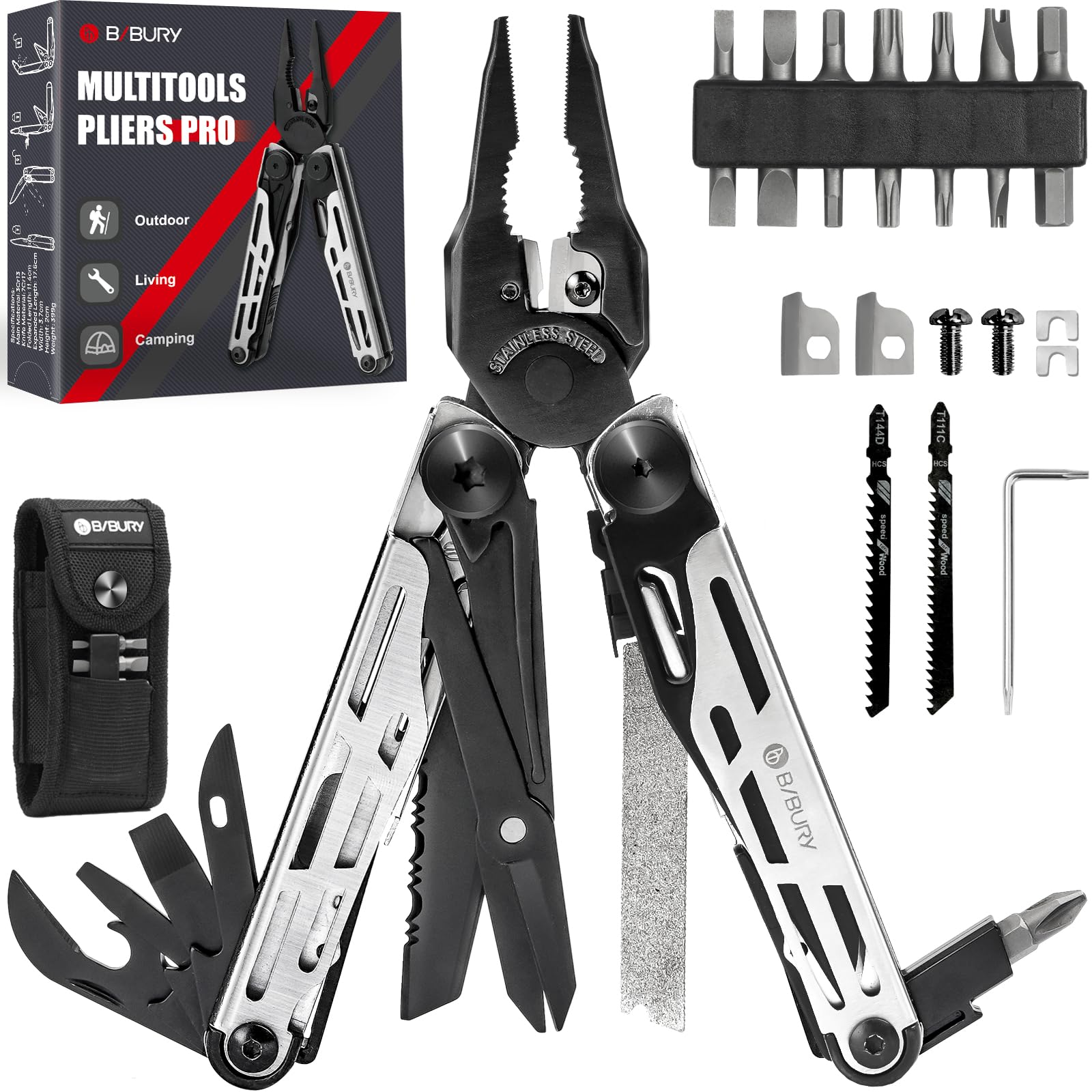BIBURY Multitool Pliers with Scissors and Screwdriver Set – Black