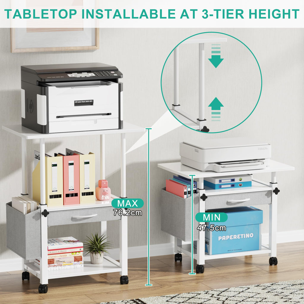 OYRREU 3 Tier Printer Stand on Wheels, Height Adjustable Mobile Table White - image 2