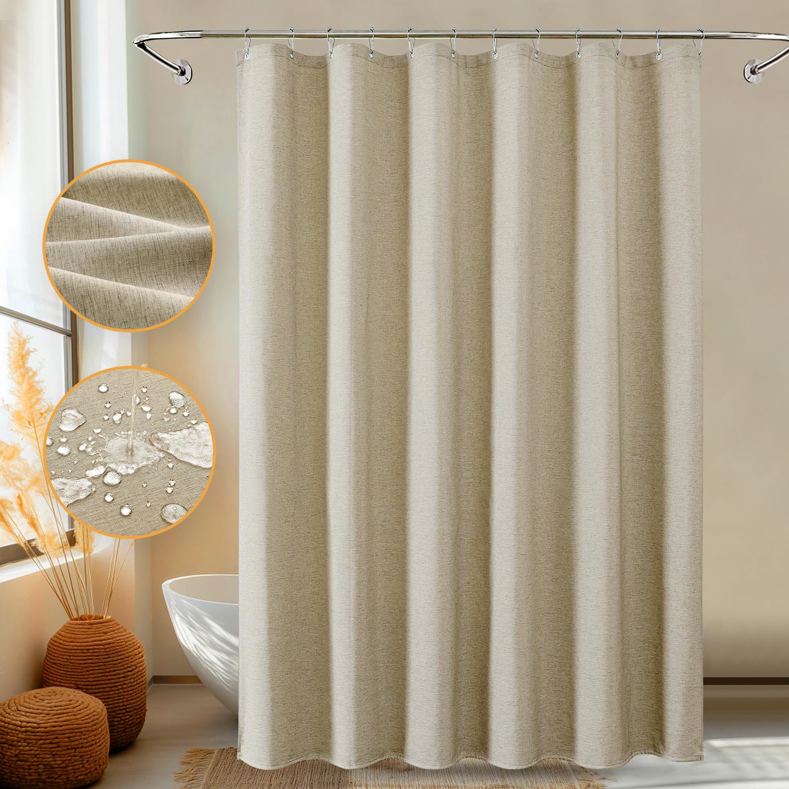 FY&XZH Linen-Texture Fabric Shower Curtain – Waterproof & Heavy-Duty