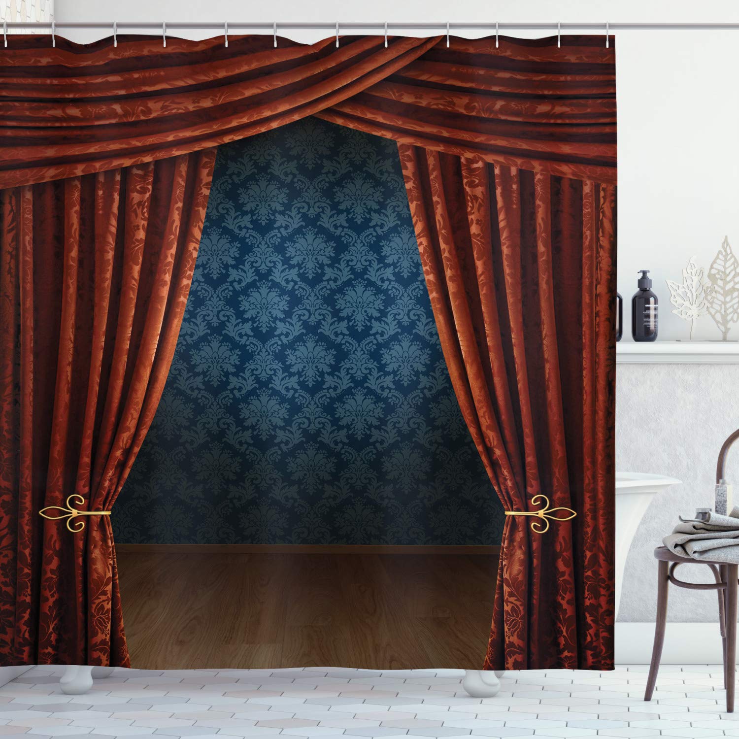 ABAKUHAUS Victorian Shower Curtain – Retro Fabric Bathroom Decor with Hooks