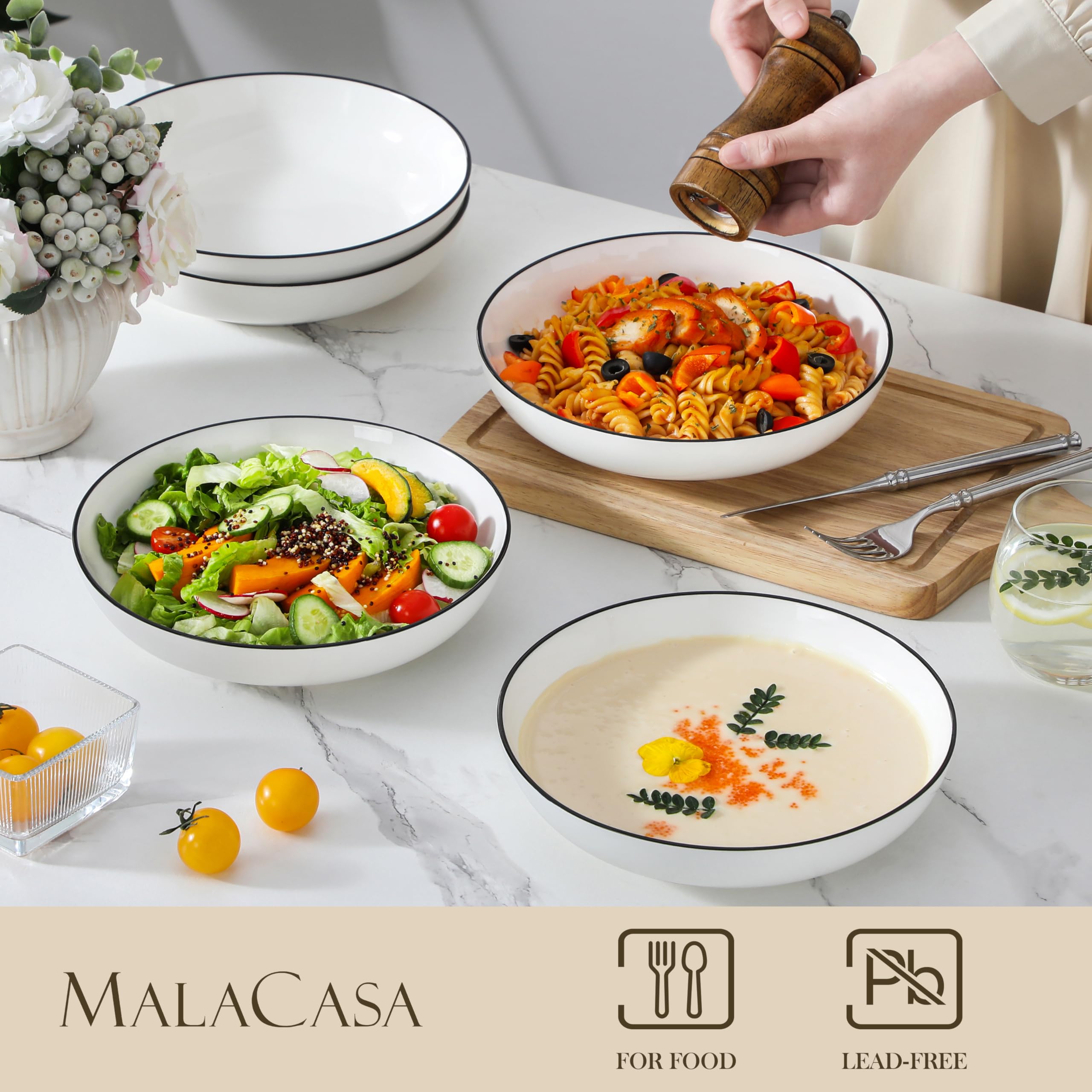 MALACASA Large Pasta Bowls Set of 6 – 42oz White Ceramic Serving Bowls