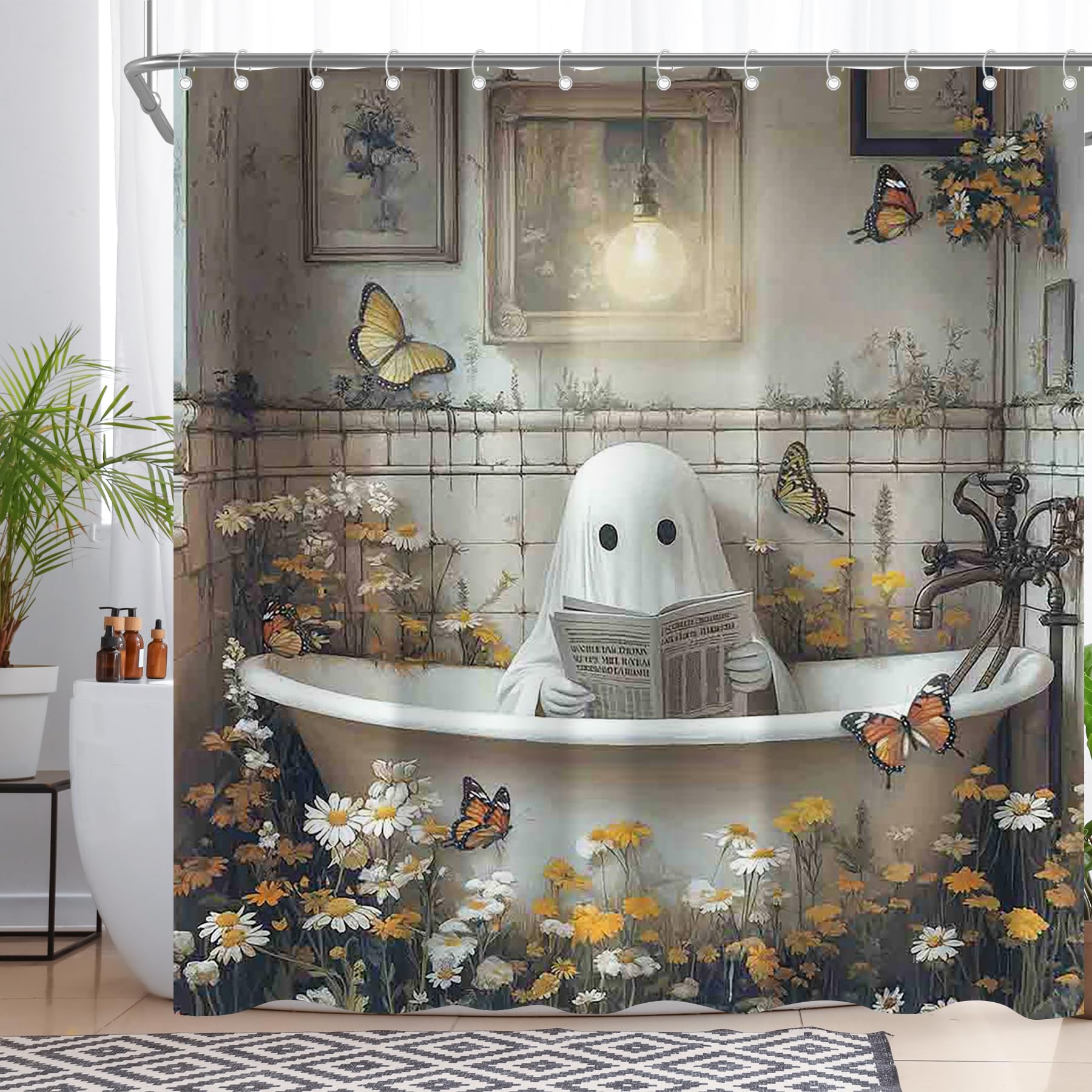 Luminora Gothic Ghost Bathing Shower Curtain | Vintage Floral Polyester