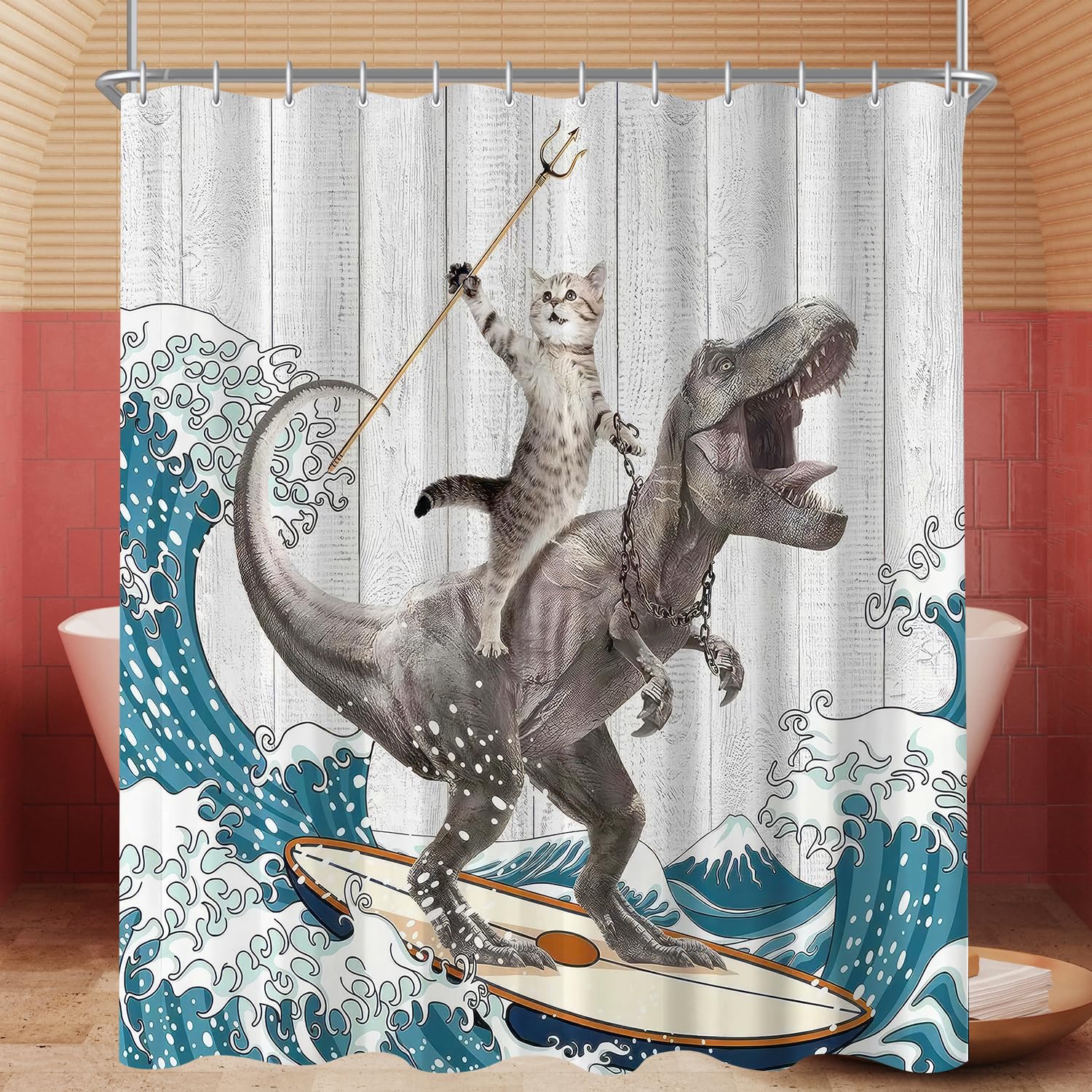 Lerores Cats and Dinosaurs Shower Curtain – 180x200cm Anti-Mould Polyester