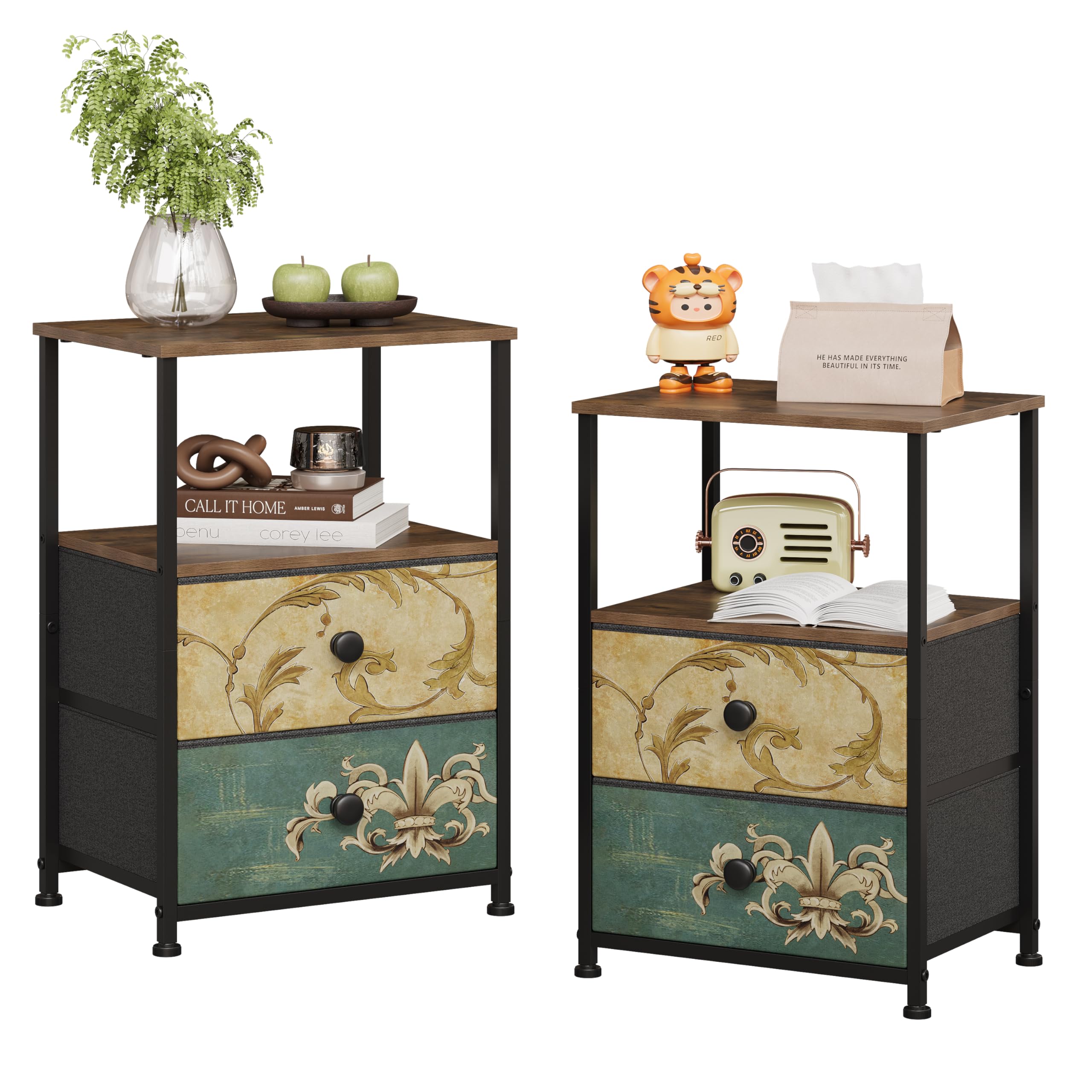 VEDECASA Set of 2 Bedside Tables – Rustic 2-Drawer Chest with Floral Pattern