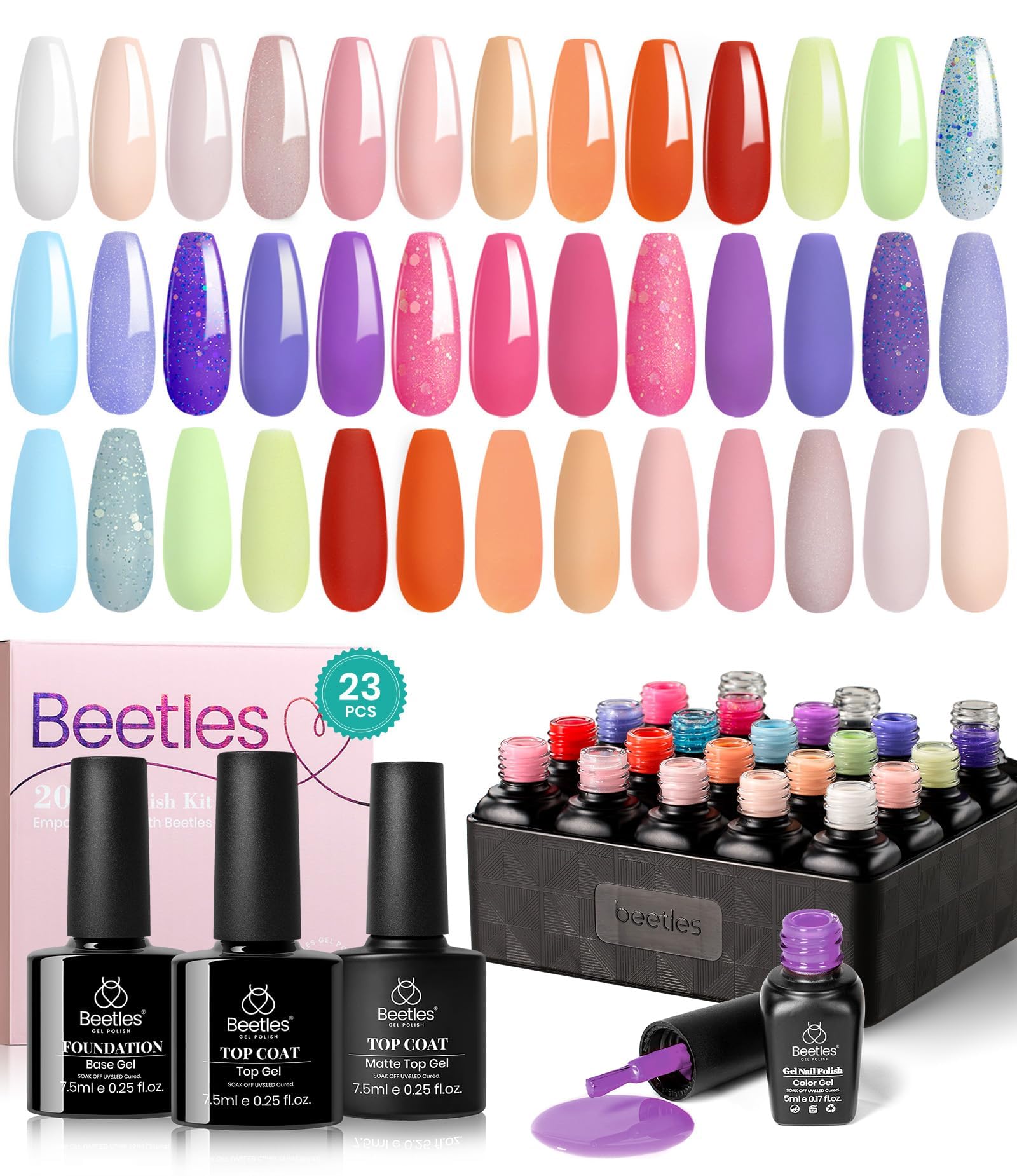 Beetles 23 Pcs Gel Nail Polish Kit – Glamour Games Collection with Top Coat