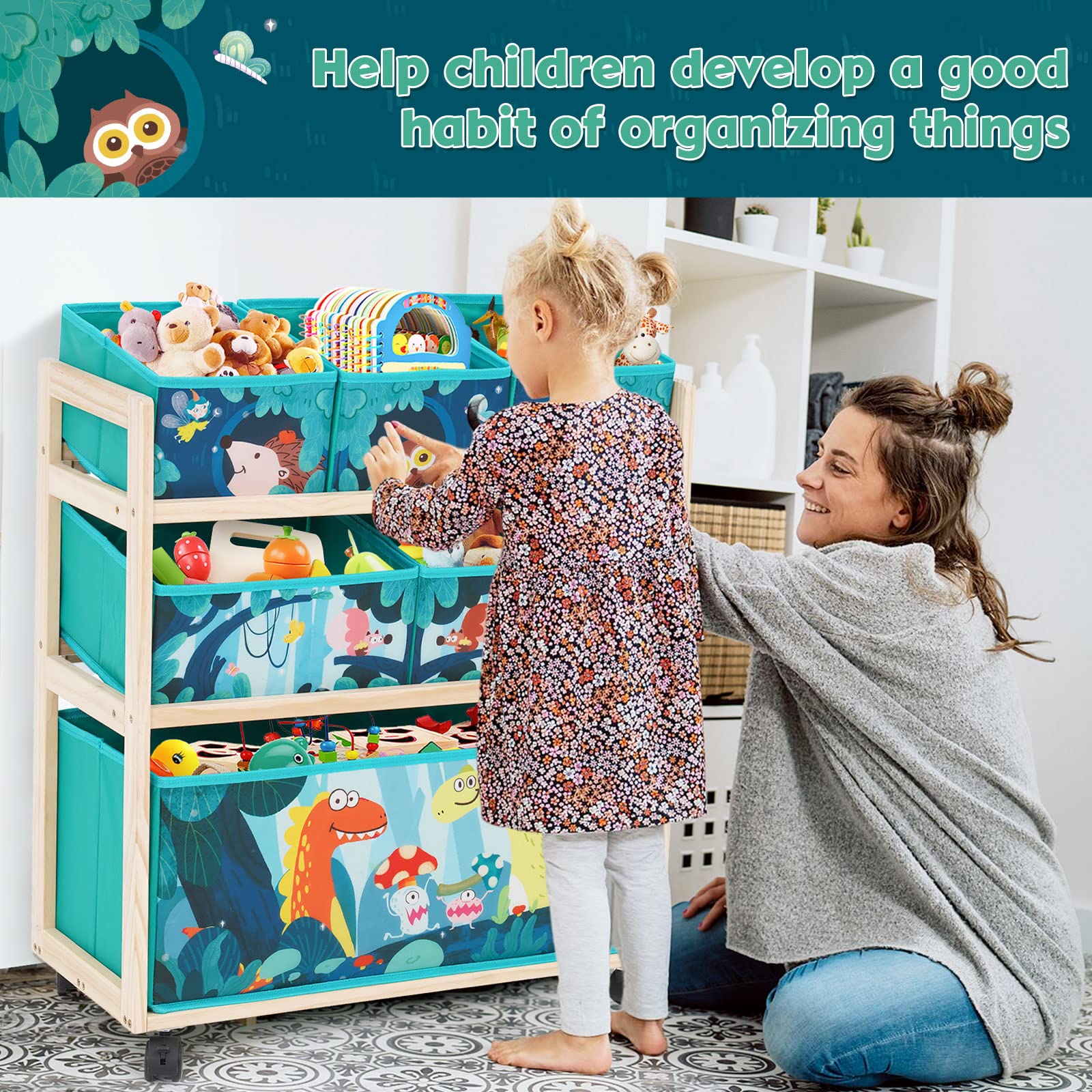 HOMCENT Kids Toy Storage Organizer | Rolling Wood Cart with 6 Bins