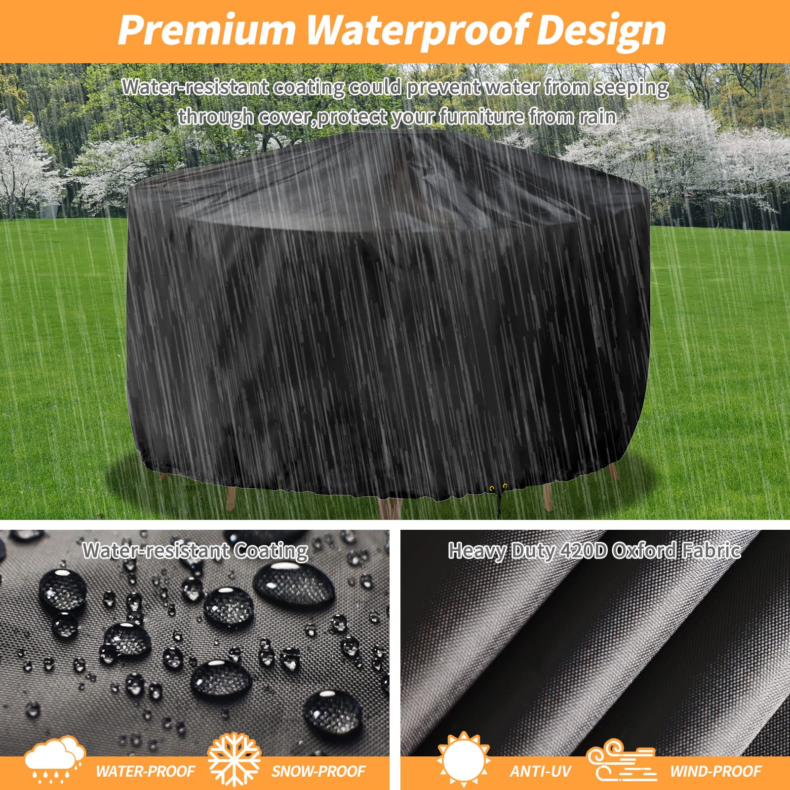 RICHIE Round Garden Furniture Cover - 420D Waterproof Table Cover 300x90cm