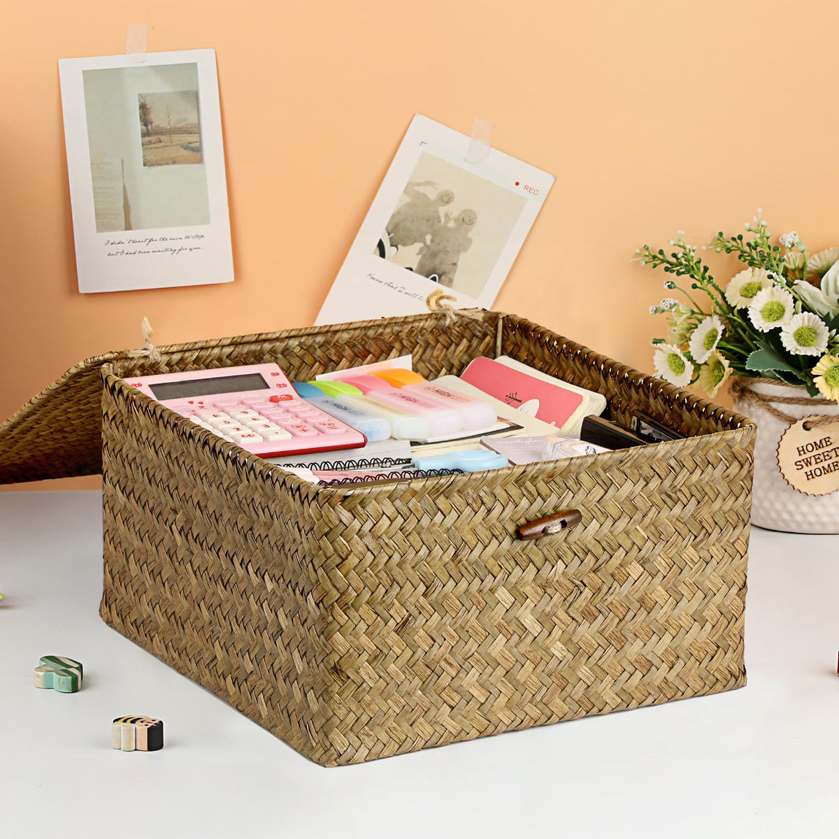 IGNPION Seagrass Storage Basket with Lid Woven Wicker Desktop Basket Rectangular Bathroom Storage Organiser Box - image 4