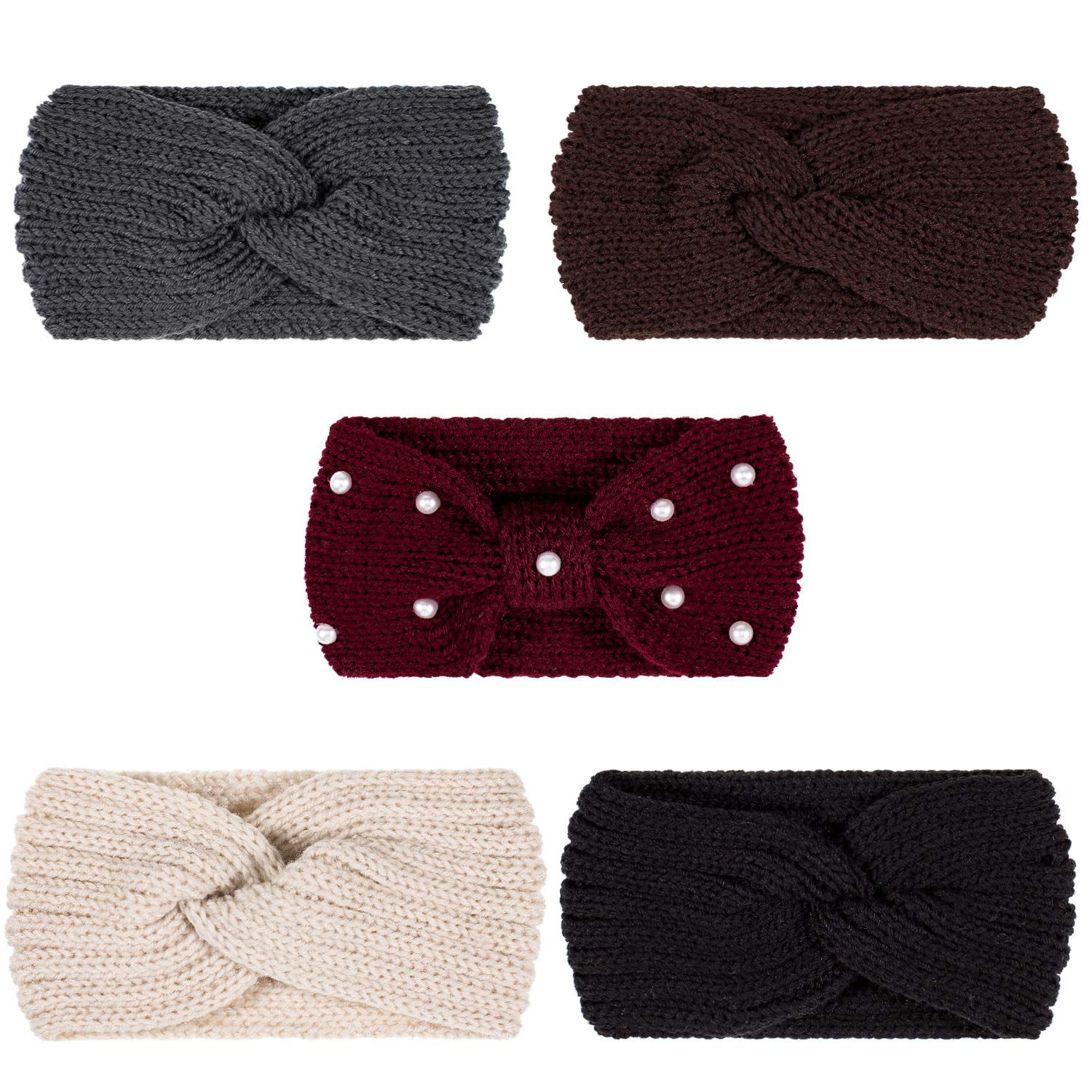 Whaline 5-Piece Winter Knit Headbands – Chunky Crochet Ear Warmers