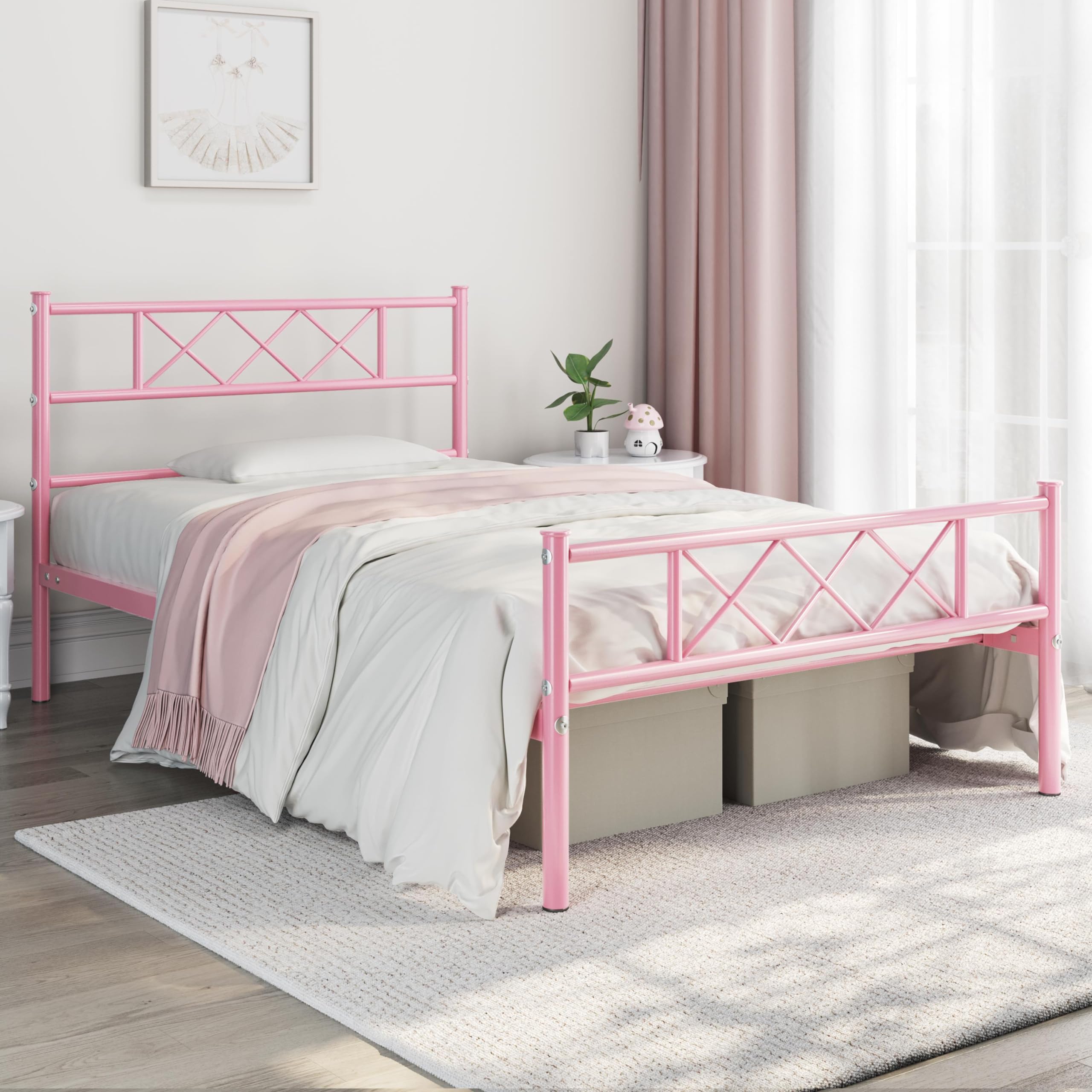Yaheetech 3ft Single Metal Bed Frame with Cross-Design Headboard - Pink