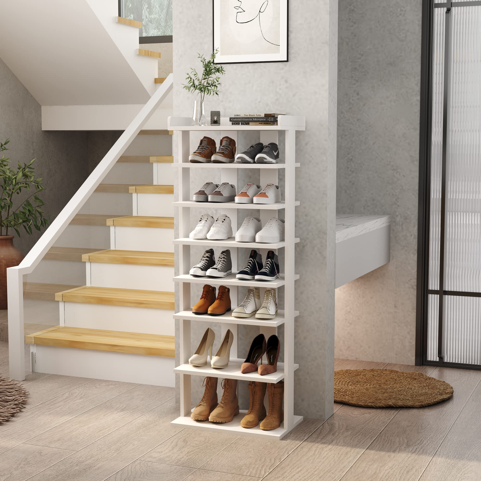 HOME BI 7-Tier Wood Shoe Rack – Narrow Vertical Storage Shelf for Entryway