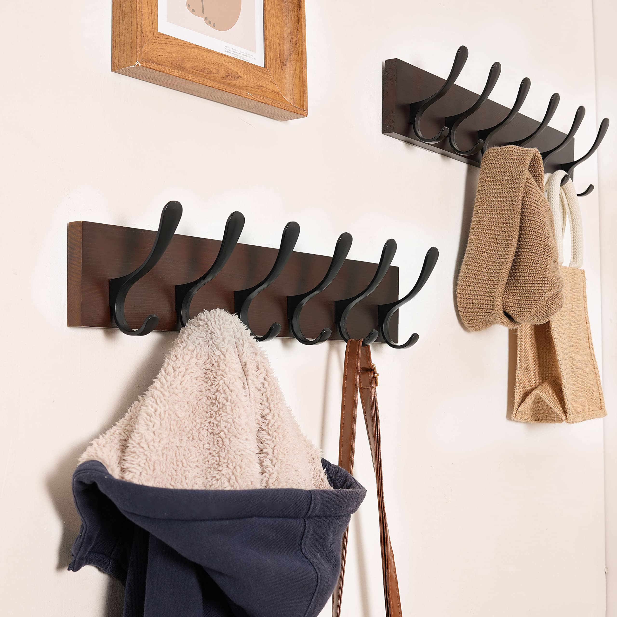 SKOLOO Wall Mount Coat Rack – 2 Pack Rustic Pine Wood Hooks, Brown