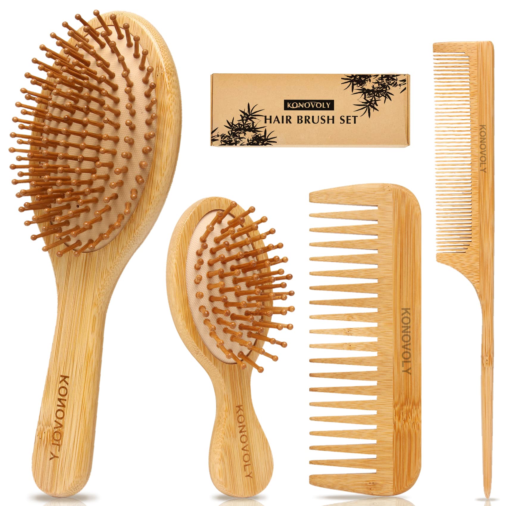 4-Piece Bamboo Hair Brush and Comb Set | Eco-Friendly Detangling