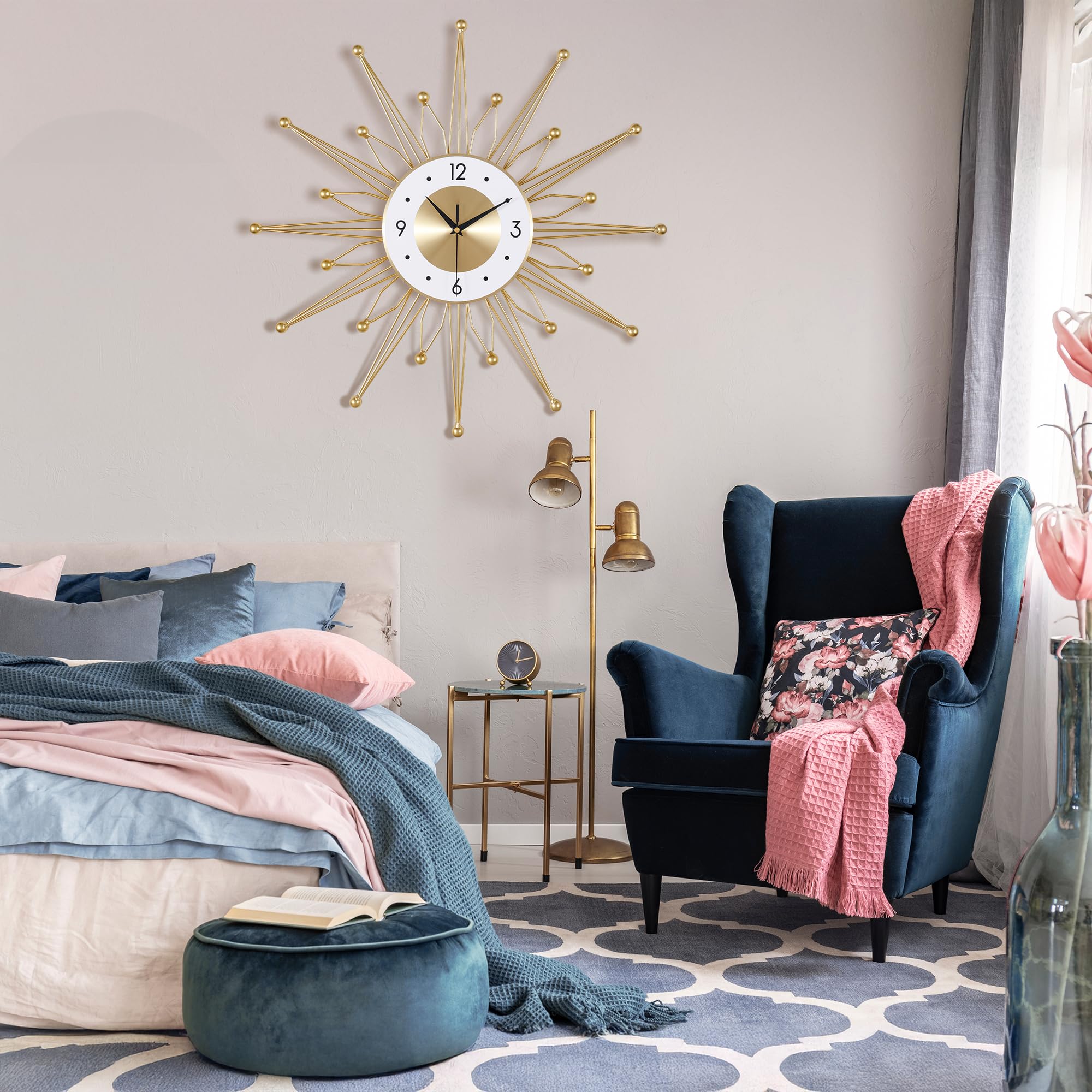 Lafocuse 23 Inch Gold Sunburst Wall Clock | Silent Mid Century Metal Decor
