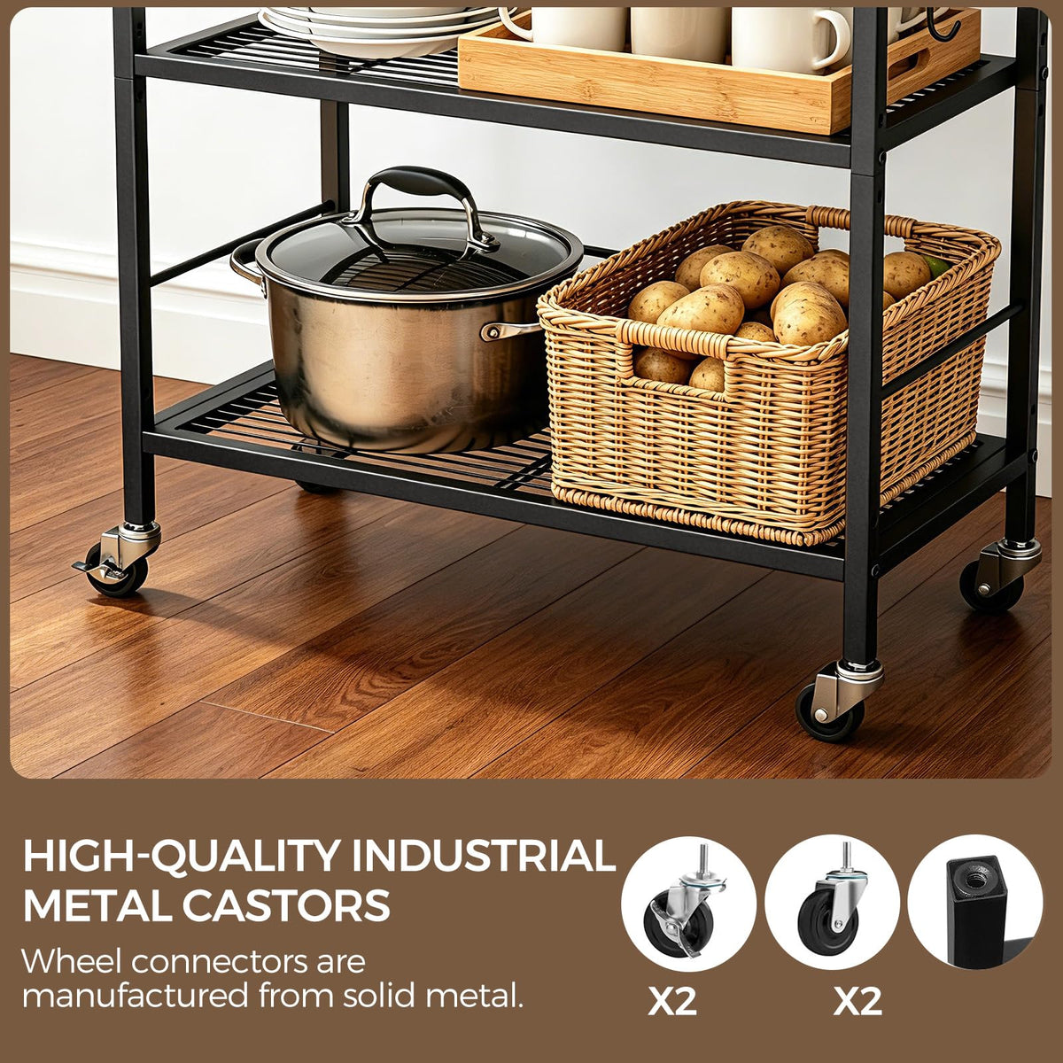 3-Tier kitchen trolley,Brown Wood Top,60W×30Dcm,4 Hooks, Adjustable Shelves - image 4