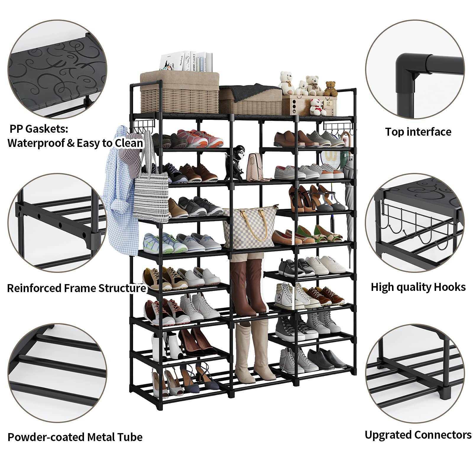Finew 9-Tier Metal Shoe Rack | 50-55 Pair Stackable Storage Organizer - Black