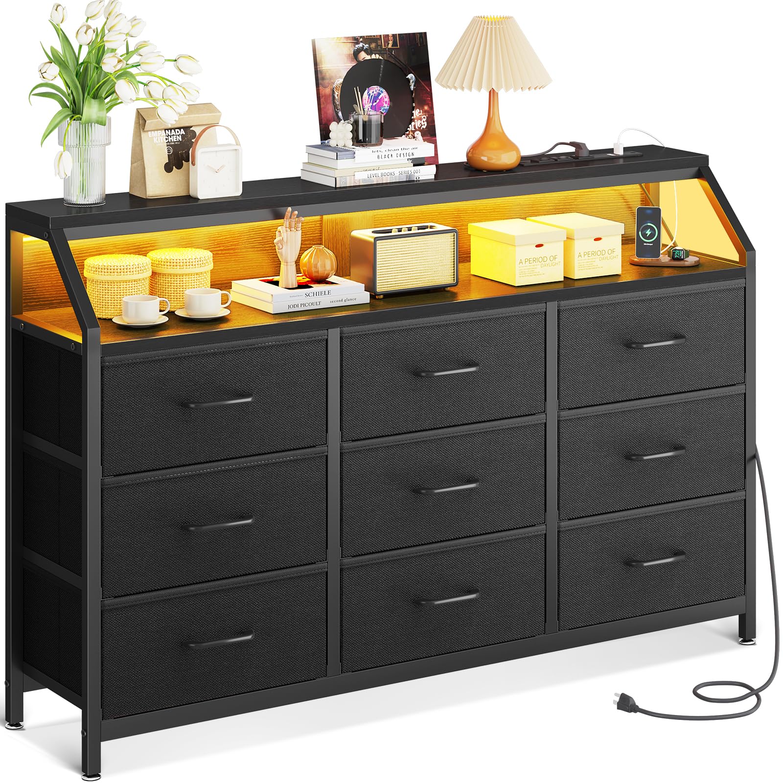 ODK 9 Drawer Fabric Chest of Drawers with LED Lights and Charging Station