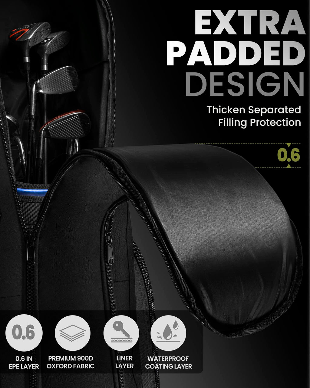 OutdoorMaster Padded Golf Travel Bag - 900D Waterproof Wheeled Case