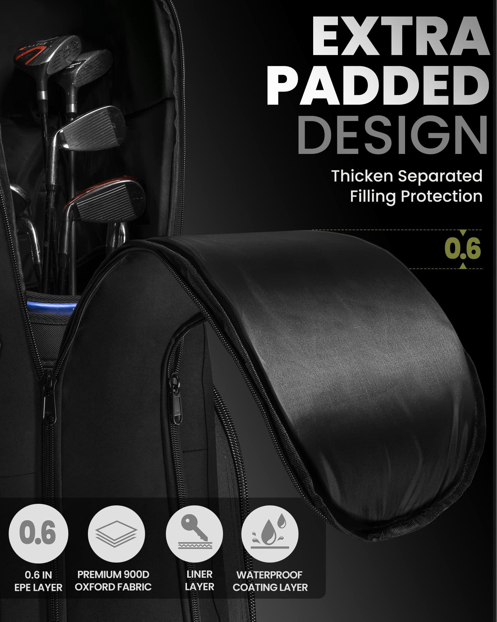 OutdoorMaster Padded Golf Travel Bag - 900D Waterproof Wheeled Case