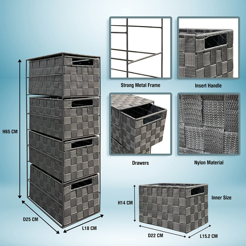 Arpan Grey 4 Drawer Storage Cabinet – Woven Nylon & Metal Frame Unit