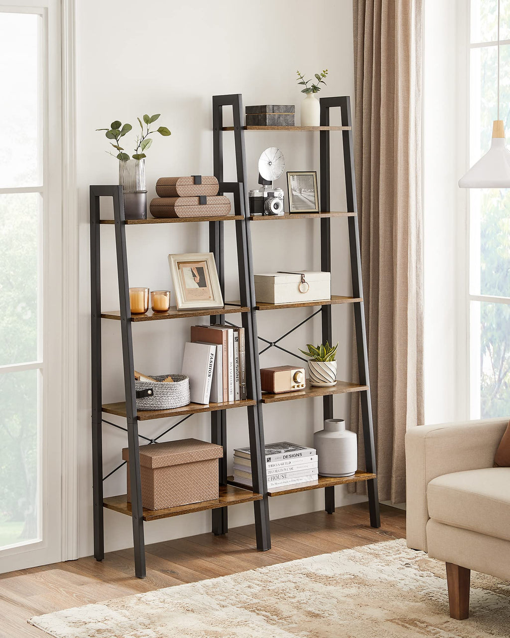 VASAGLE 5-Tier Industrial Ladder Shelf | Rustic Brown Metal Bookcase
