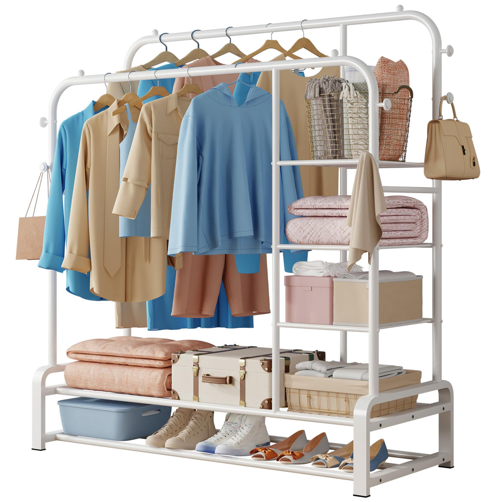 SMILOVII Heavy Duty Double Rail Clothes Rack – Metal Wardrobe with Shelves
