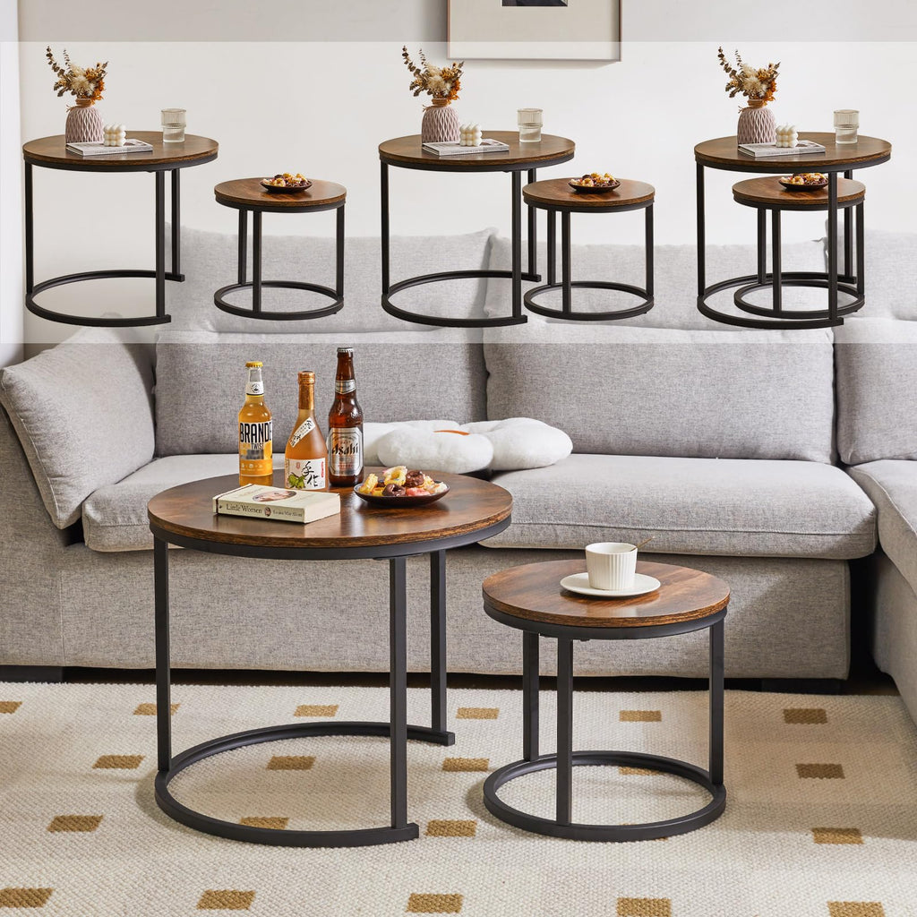 IBUYKE Round Nesting Coffee Table Set of 2 – Rustic Brown Wood & Metal