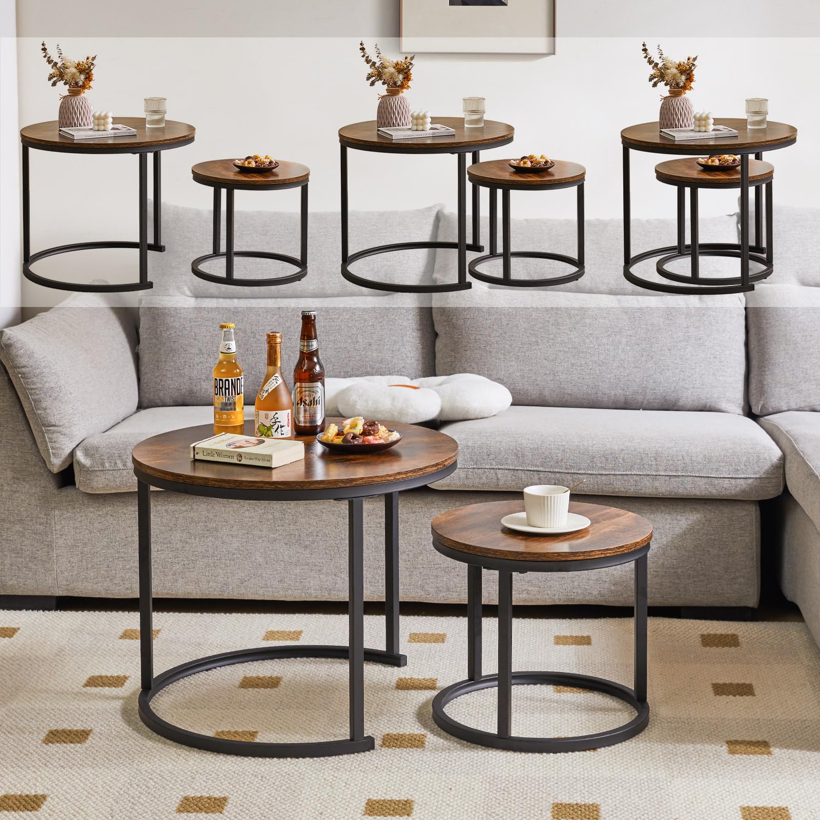 IBUYKE Round Nesting Coffee Table Set of 2 – Rustic Brown Wood & Metal