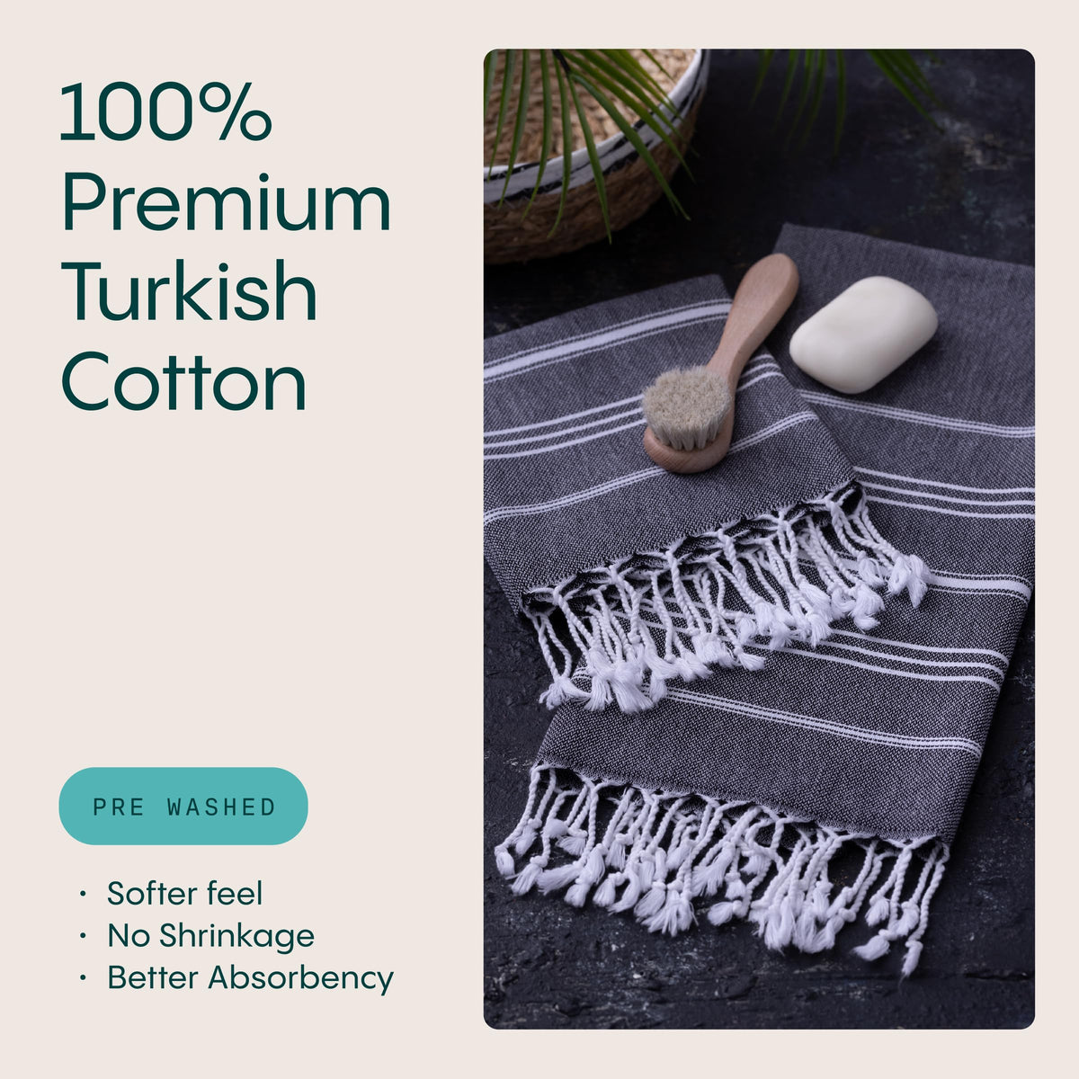 WETCAT Turkish Hand Towels with Hanging Loop, Set of 2 20" x 30" 100% Turkish Cotton, Pre-Washed, Quick Drying, for Kitchen or Bathroom - Black