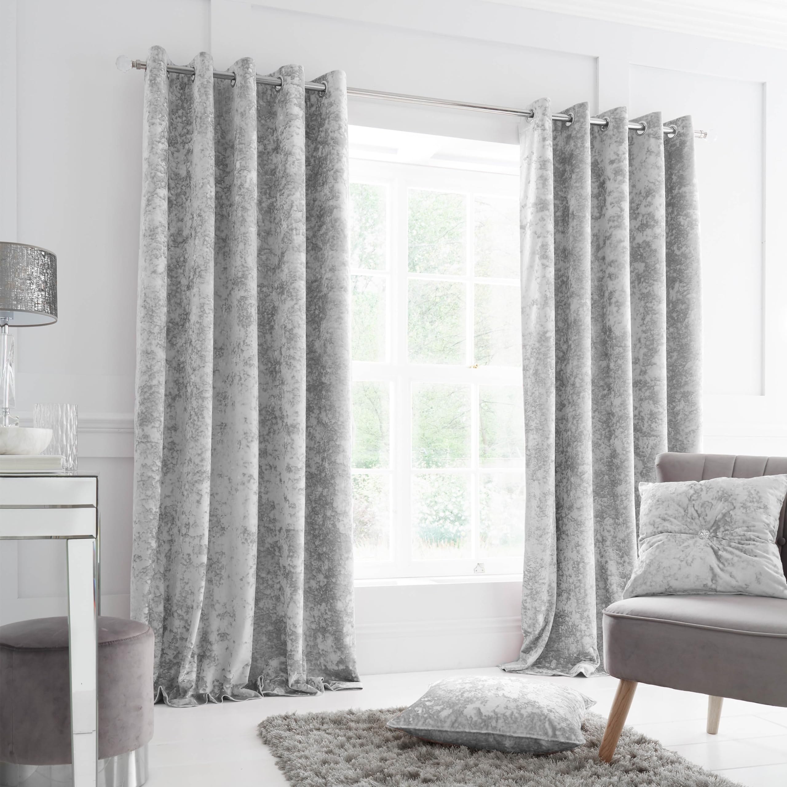 Catherine Lansfield Crushed Velvet Eyelet Curtains - Silver Grey 66x90