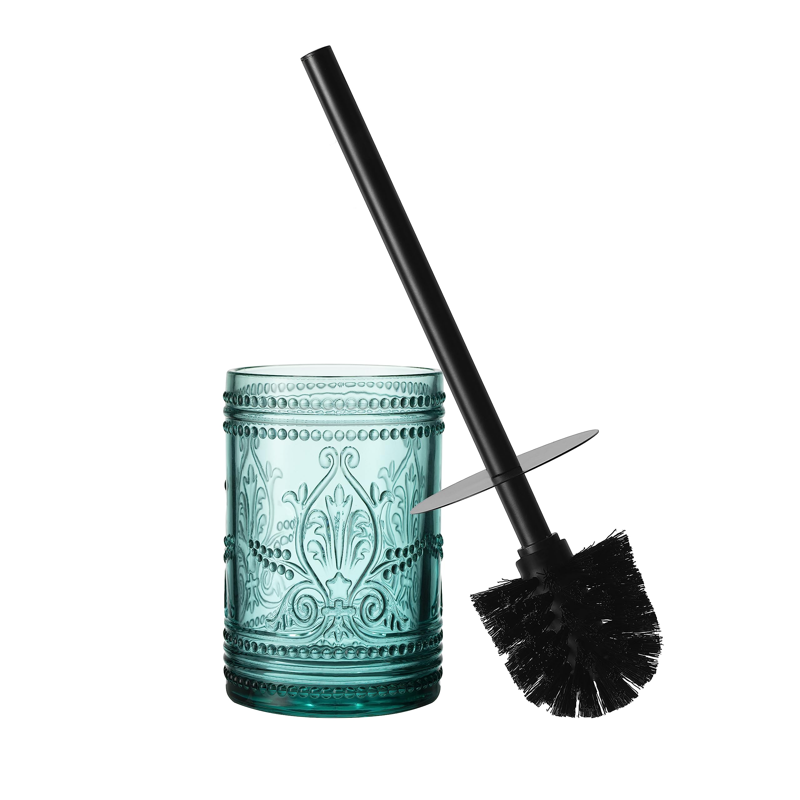 Jolof Store Glass Toilet Bowl Brush and Holder Set – Teal Blue Decor