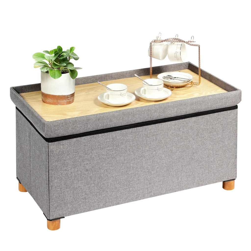 Bonlife Grey Storage Ottoman with Tray - Folding Coffee Table Footstool