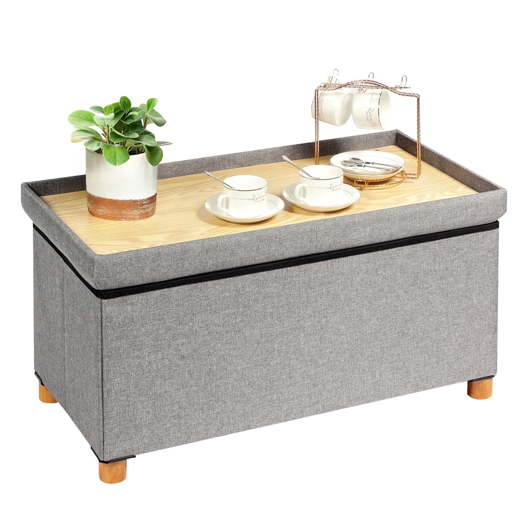 Bonlife Grey Storage Ottoman with Tray - Folding Coffee Table Footstool