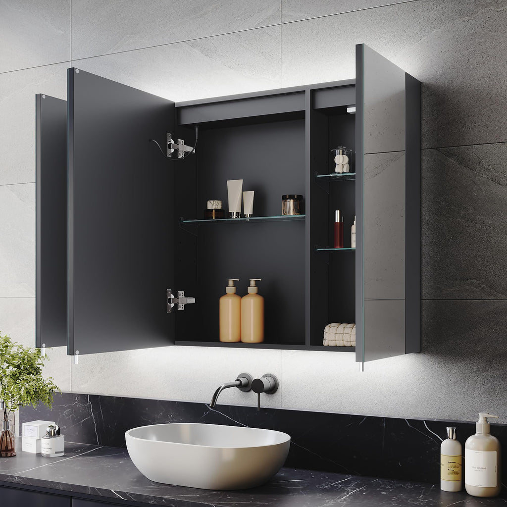 ELEGANT 900x650mm Illuminated LED Bathroom Mirror Cabinet with Shaver Socket Triple Door Wall Mirror Cabinets with 3-Color Infinitely Dimmable and - image 2