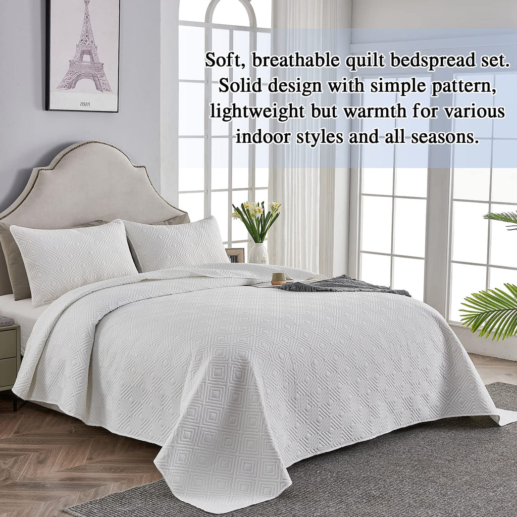 Qucover Super King White Quilted Bedspread – 3-Piece Geometric Summer Quilt