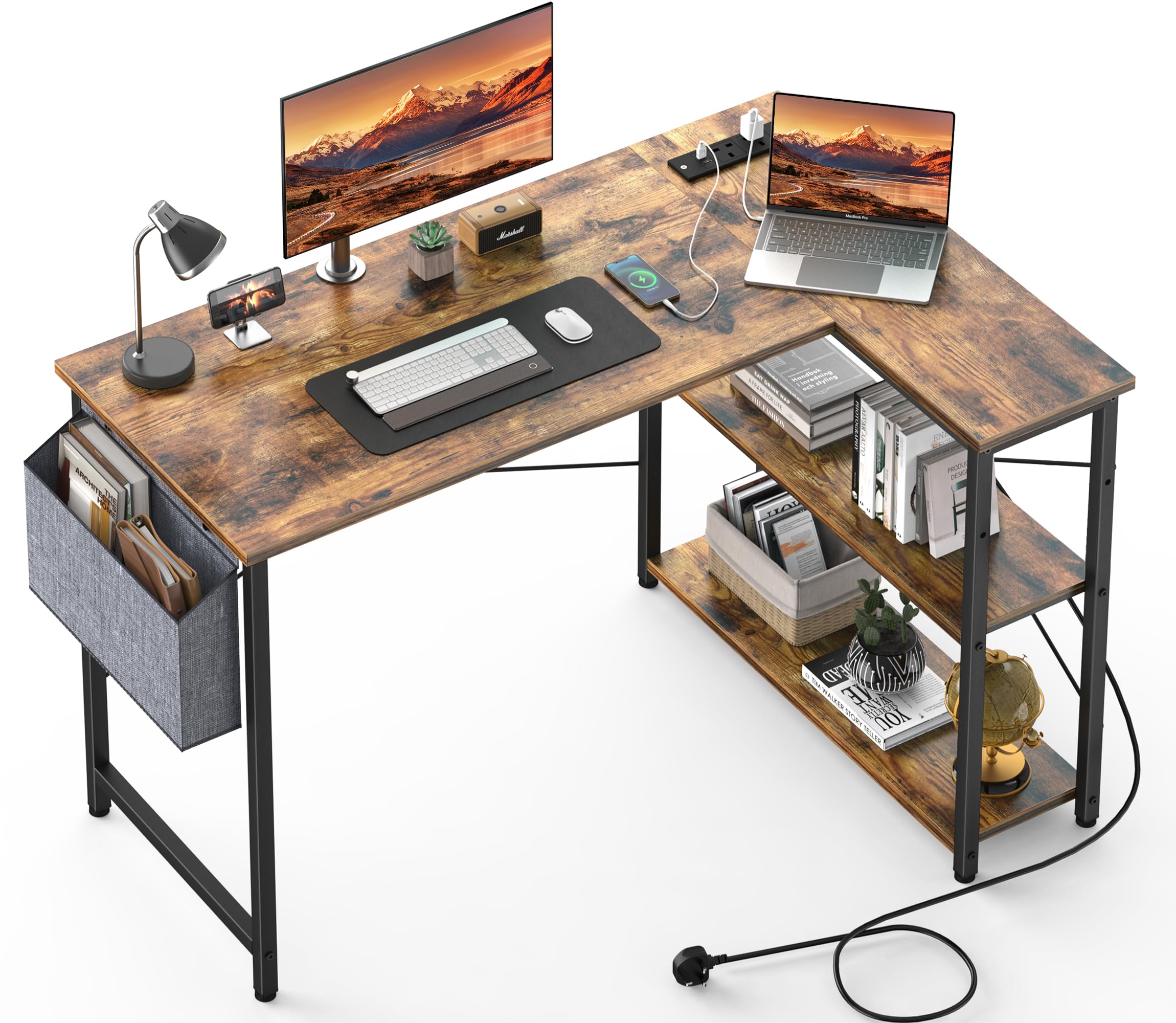 Yornoli L-Shaped Computer Desk with Power Outlet & Storage - Snow White